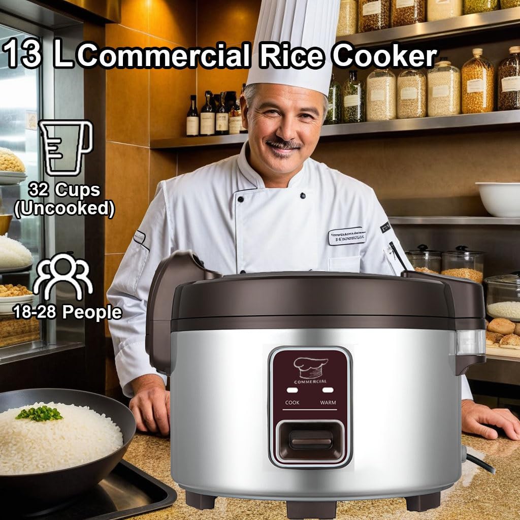 13.8 QT Large Commercial Rice Cooker - 65 Cups Cooked, 32 Cups Uncooked - Electric Rice Warmer for 18-28 People with One-Touch Operation - Perfect for Restaurants, Catering & Large Family Gatherings
