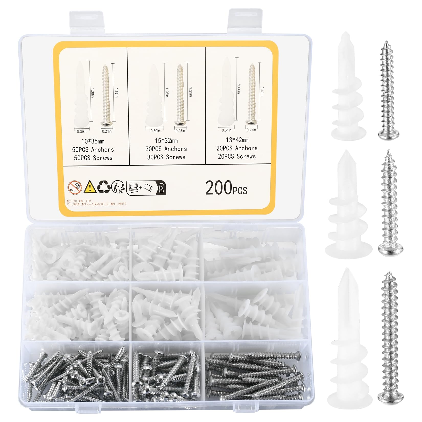 200 Pcs Self Drilling Drywall Anchors and Screws Kit - 100 Anchors & 100 Pan Head Self Tapping Screws for Hollow Sheetrock - Secure Hanging for Pictures, Shelves, Mirrors and Home Decor