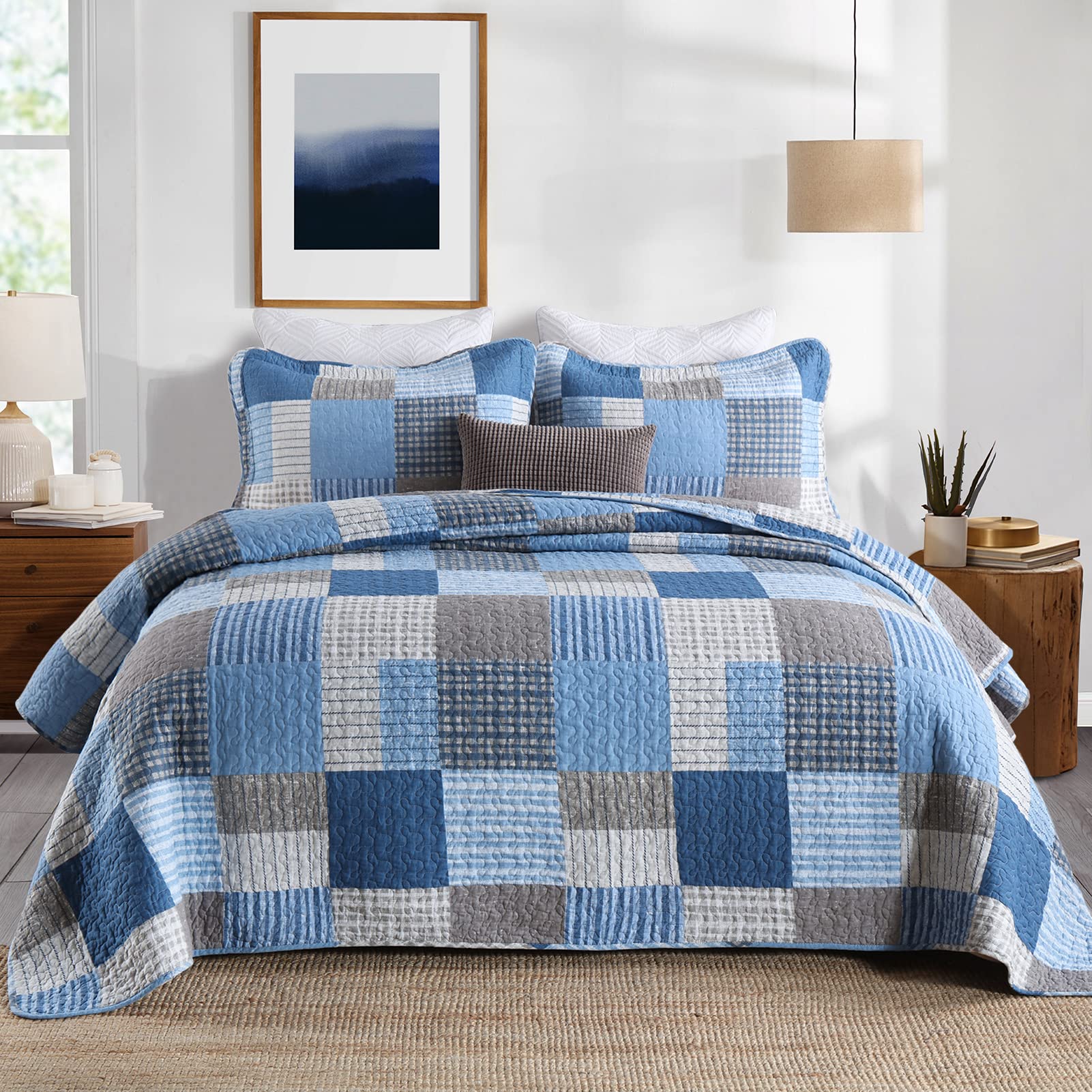 Y-PLWOMEN 100% Cotton Plaid Quilt Set Queen Size - Farmhouse Style Lightweight Breathable Bedspread with 2 Pillow Shams, Blue Navy (90x98 Inches) for Cozy Bedroom Decor & Guest Room Essentials