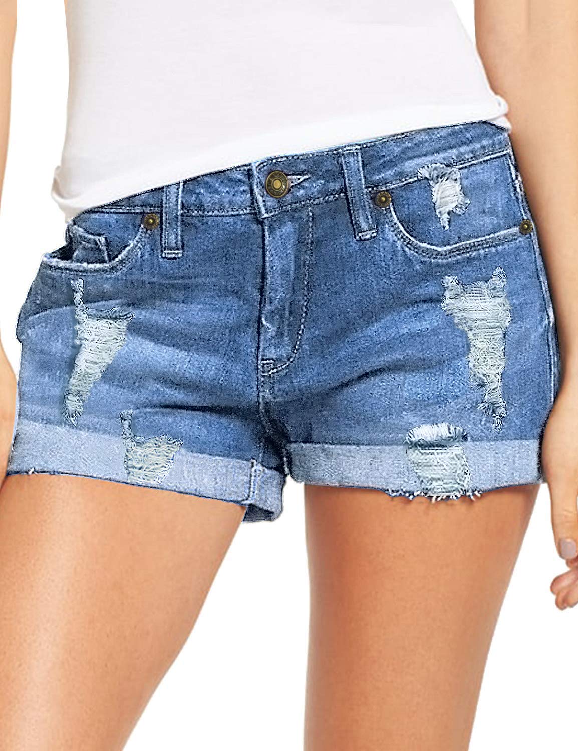 Ladybranch Women's Casual Denim Shorts - Mid Waist Stretchy Raw Hem Summer Jeans for Outfits, Beach & Street Style