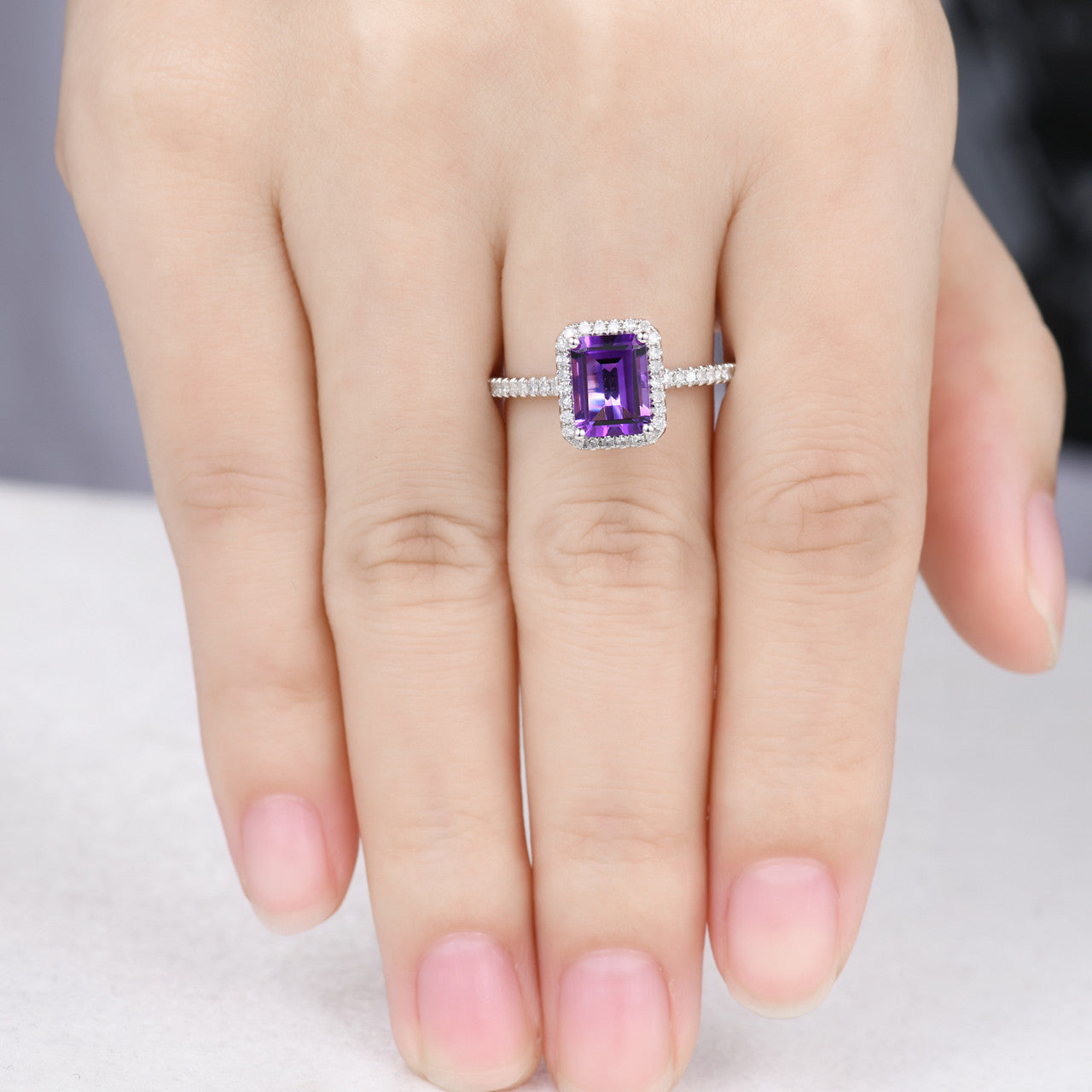 Natural 6x8mm Emerald Cut Amethyst Engagement Ring - 14k White Gold Halo Prong Set with Diamonds | Elegant Wedding Band for Brides, Anniversary Gift & Romantic Proposal Jewelry
