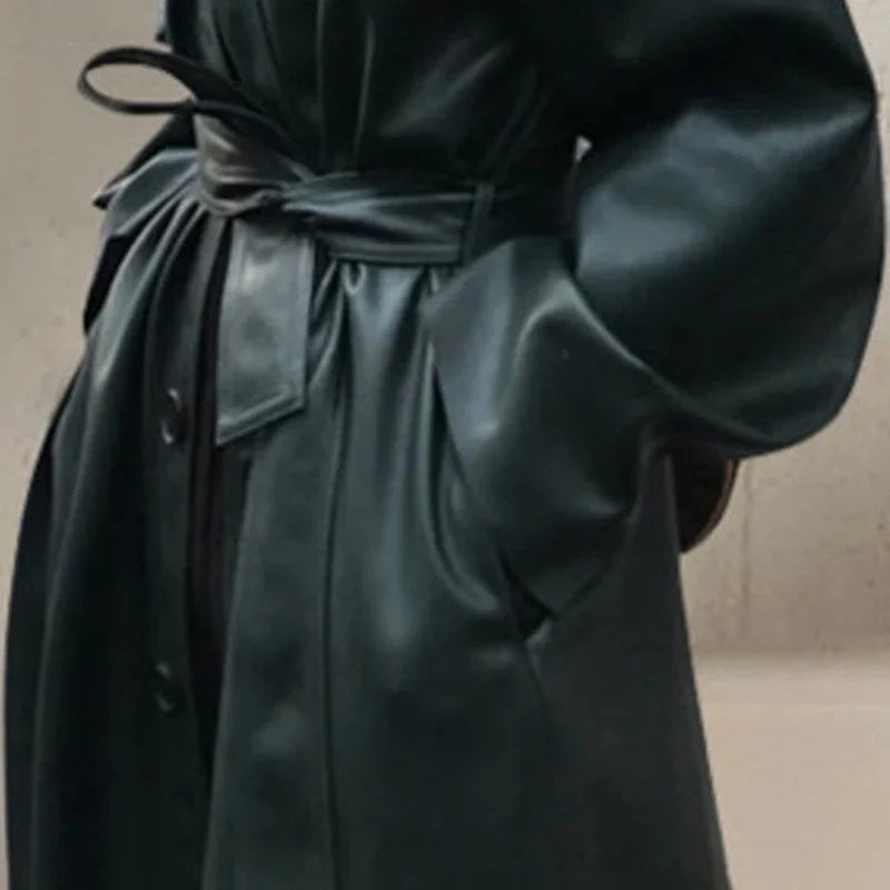 Stylish Women's Autumn Long Black PU Leather Trench Coat with Belt - Single Breasted Loose Fit Korean Fashion Outerwear for Fall 2022 | Perfect for Office, Dating & Casual Outings