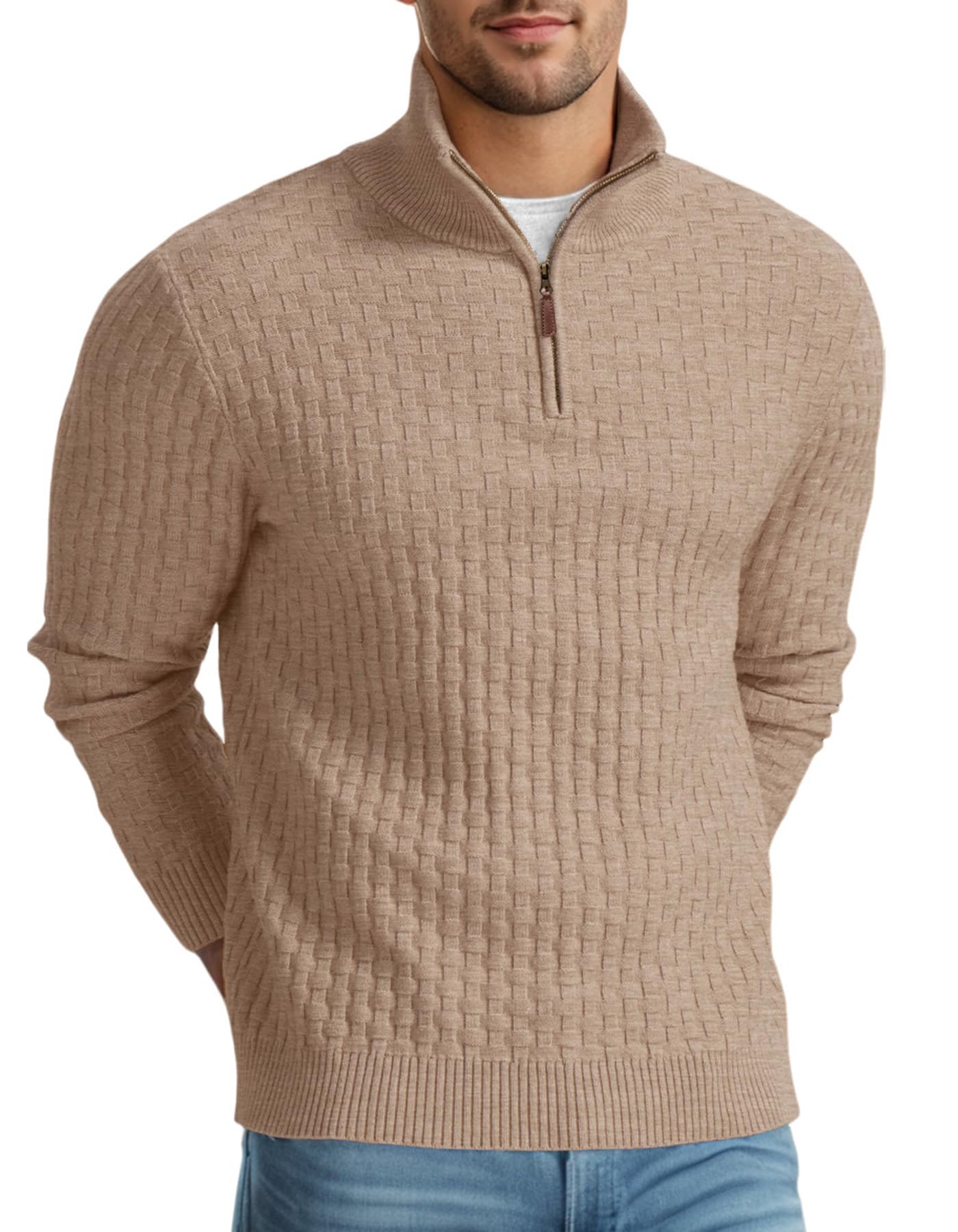 Askdeer Men's Quarter Zip Waffle Knit Pullover Sweater - Mock Neck Ribbed Casual Polo Shirt for Work, Travel & Outdoor Activities