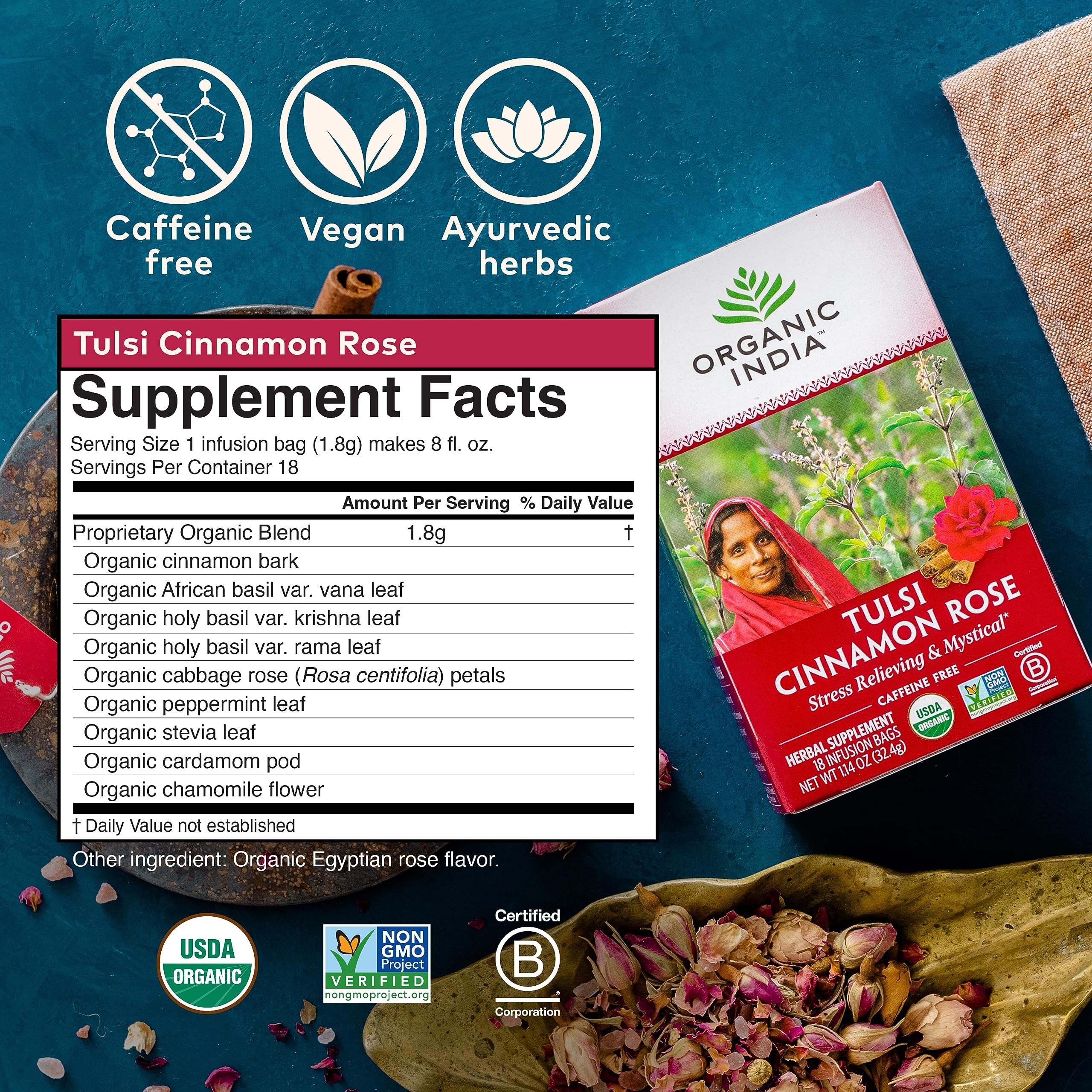 ORGANIC INDIA Tulsi Cinnamon Rose Herbal Tea Bags - Caffeine Free Holy Basil Tea with Chamomile & Rose - 18 Infusion Bags (3 Pack) - Perfect for Relaxation, Stress Relief & Evening Tea Time