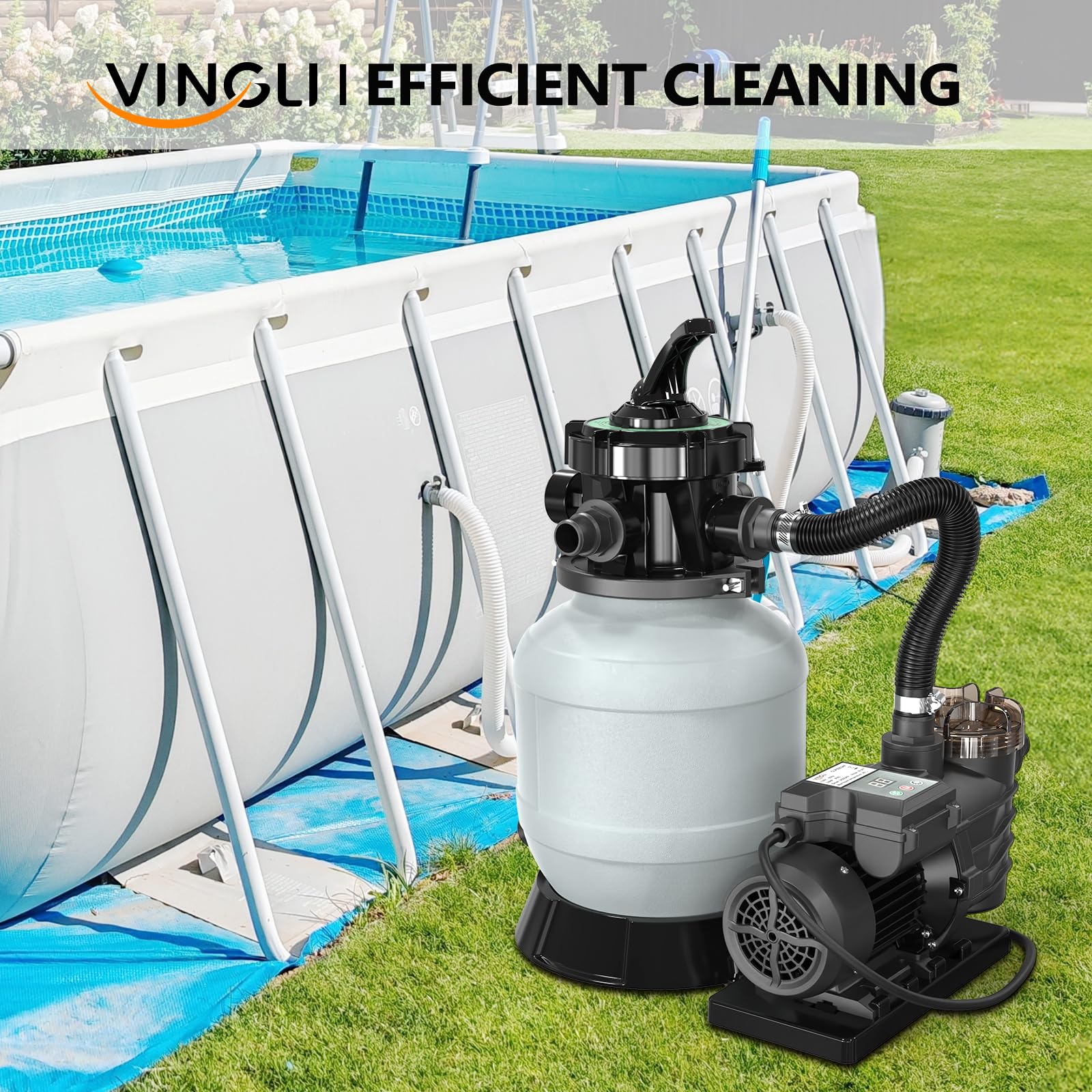VINGLI 10-Inch Sand Pool Filter with 1/3HP Pump - 115V, 24H Timer, 2087 GPH Flow Rate - Above Ground & Inground Swimming Pool Pump with Filter Basket - Perfect for Backyard, Residential & Commercial Pool Maintenance
