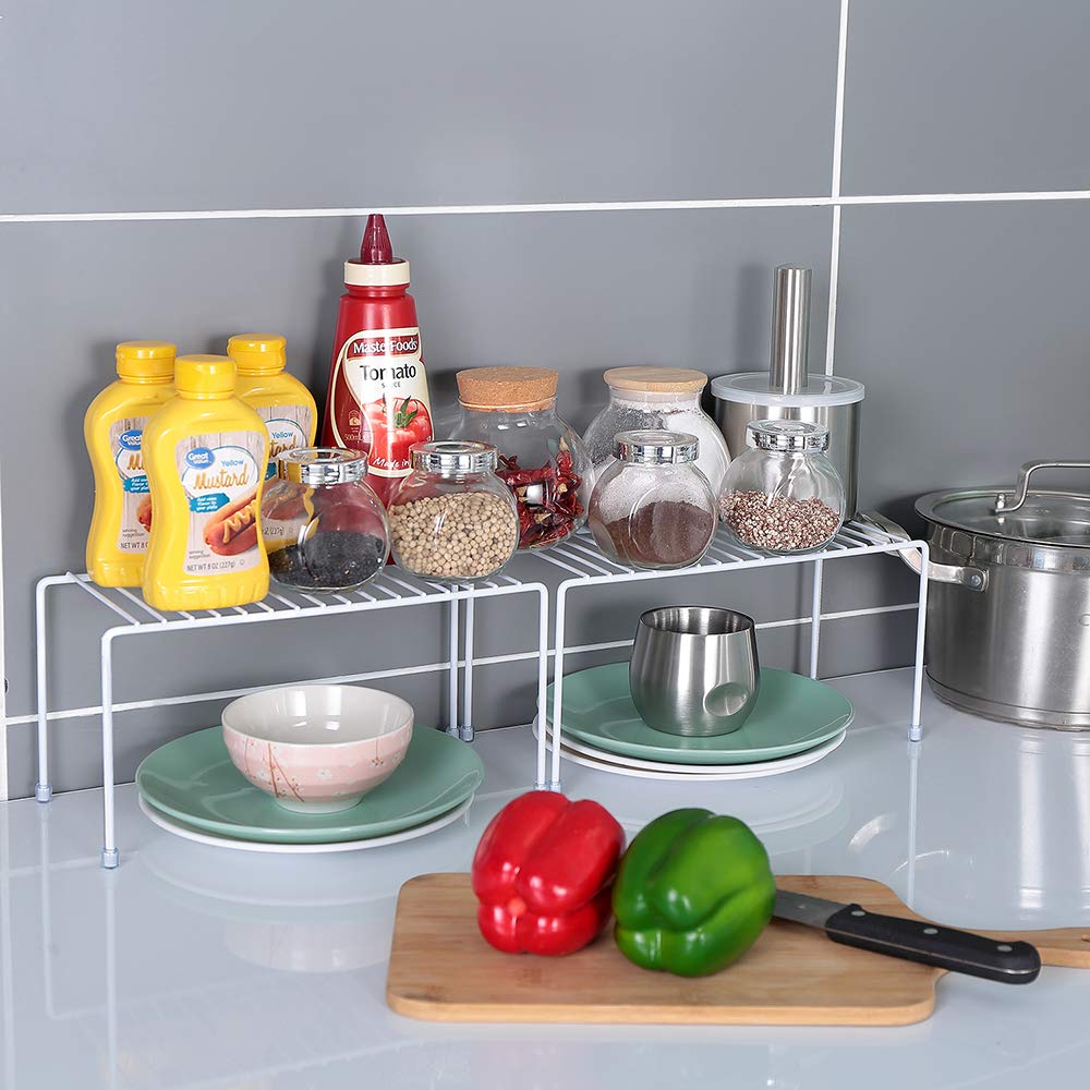 White Kitchen Shelves Set of 2 - Space Saving Cabinet Organizer for Spices, Utensils & Pantry Storage - Perfect for Small Kitchens, Bathrooms & Closets