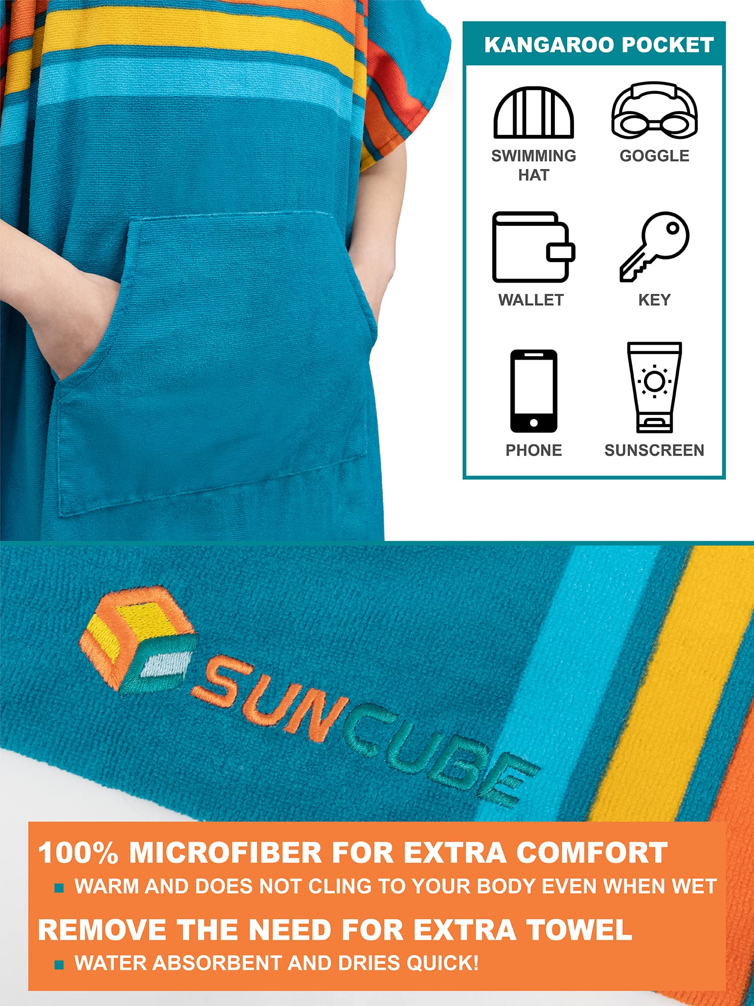 **SUN CUBE Surf Poncho Changing Robe with Hood - Quick Dry Microfiber Wetsuit Towel with Pocket for Men & Women | Perfect for Beach, Surfing, Swimming & Outdoor Activities**
