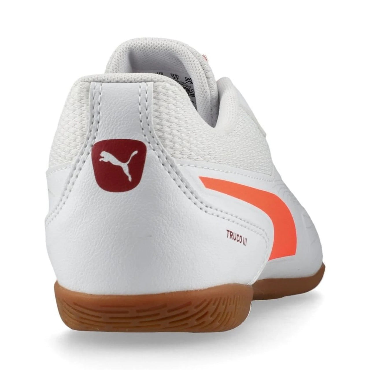 Puma Truco III Junior Indoor Soccer Shoes for Kids - White/Glowing Red/Dark Crimson | Lightweight Football Cleats for Indoor Training & Games