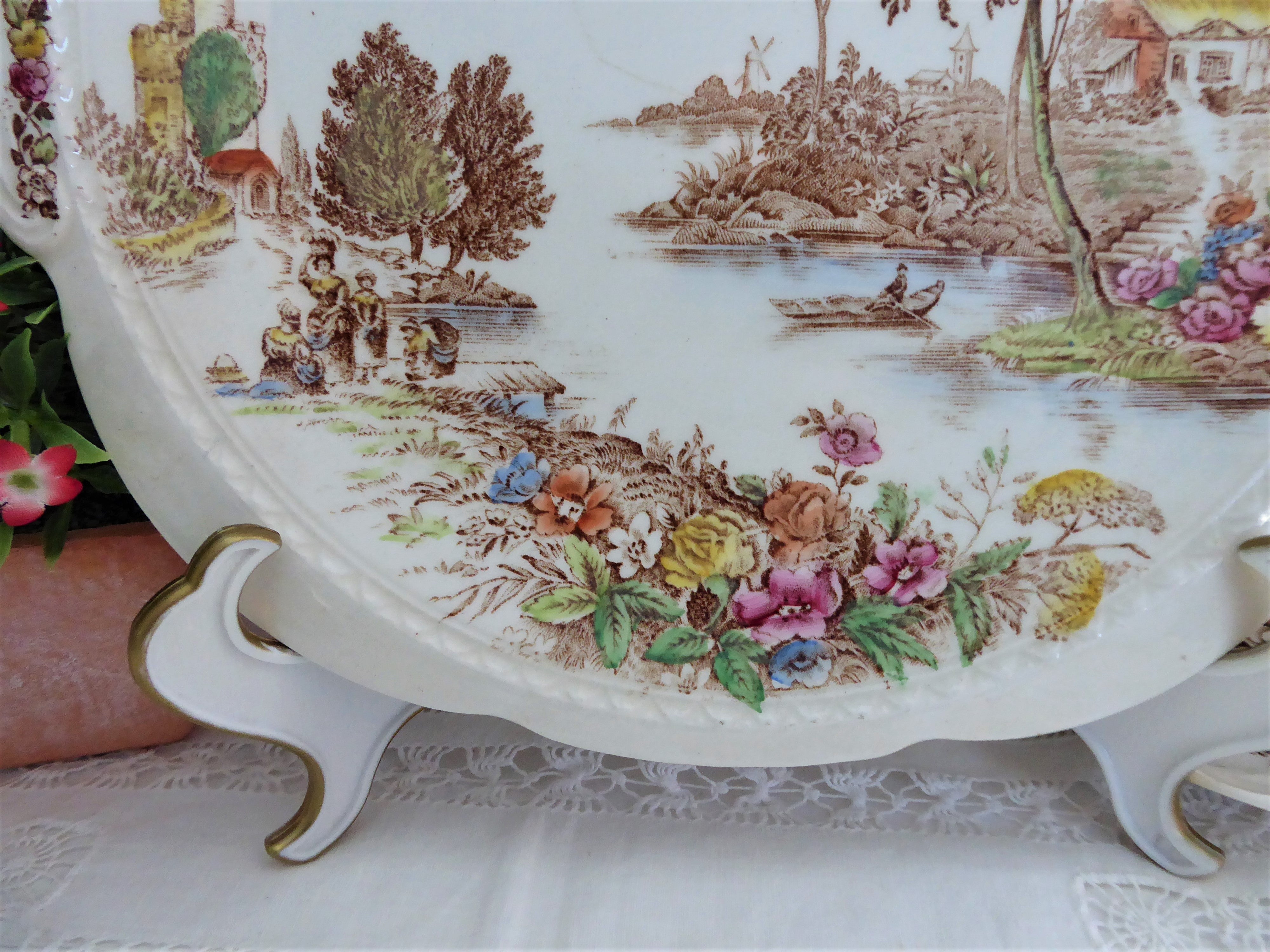 Vintage 1940s Swinnertons Polychrome Transferware Lugged Cake Plate - Elegant Ferry Cake Serving Platter for Afternoon Tea & Special Occasions