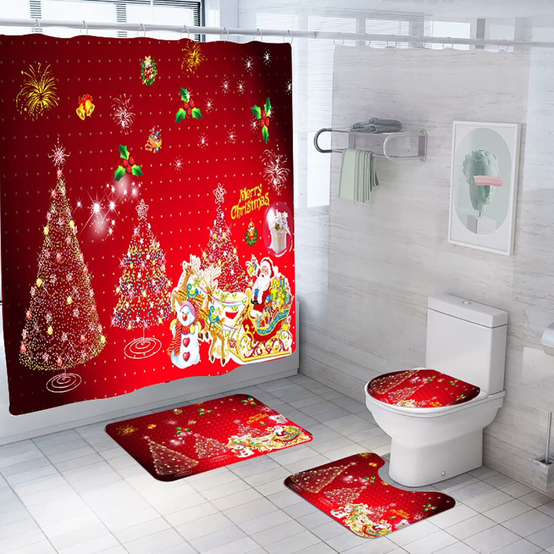 4-Piece Christmas Shower Curtain Set with Non-Slip Bath Rugs, Toilet Lid Cover & Mat - Santa Reindeer Holiday Bathroom Decor - Waterproof Xmas Shower Curtain with 12 Hooks for Festive Home Decor