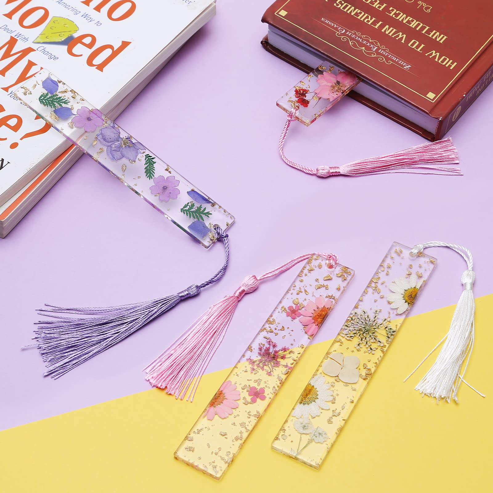 Kaluofan 2PCS Handmade Dried Flower Resin Bookmarks with Tassels - Elegant Floral Bookmark for Women, Durable Reading Accessories to Enhance Reading Interest - Perfect Gift for Book Lovers, Students & Teachers (Reading, Studying, Book Club, Gift Giving)