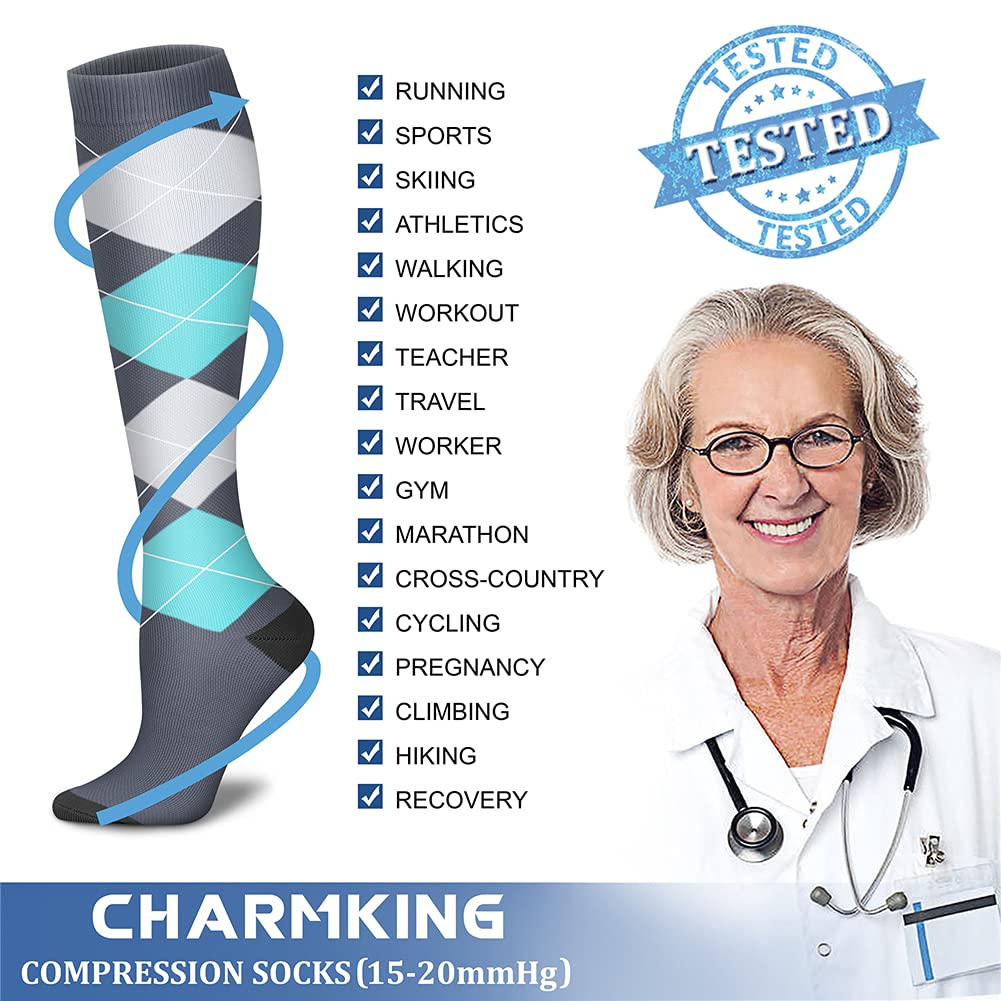CHARMKING 15-20 mmHg Compression Socks for Women & Men - 8 Pairs Circulation Support Socks for Running, Hiking, Travel & Nurses - Best Athletic Performance & Recovery Socks