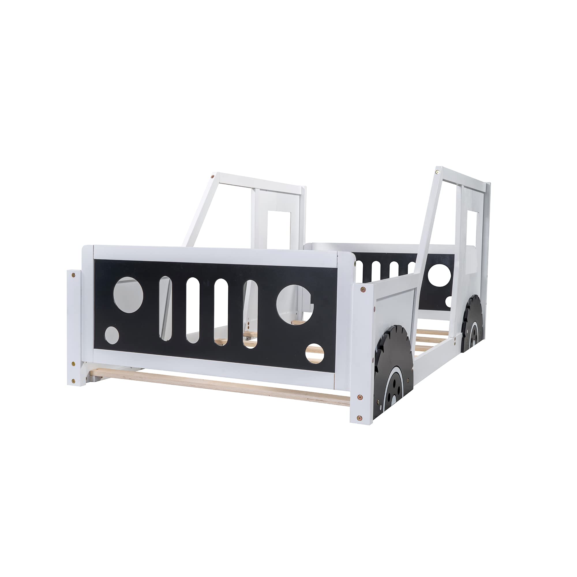 Montessori Twin Size Car-Shaped Floor Bed Frame with Safety Fence & Door - Solid Wood Platform Bed with Wheels for Kids Boys Girls - No Box Spring Needed - Perfect for Playrooms & Kids' Bedrooms (White)