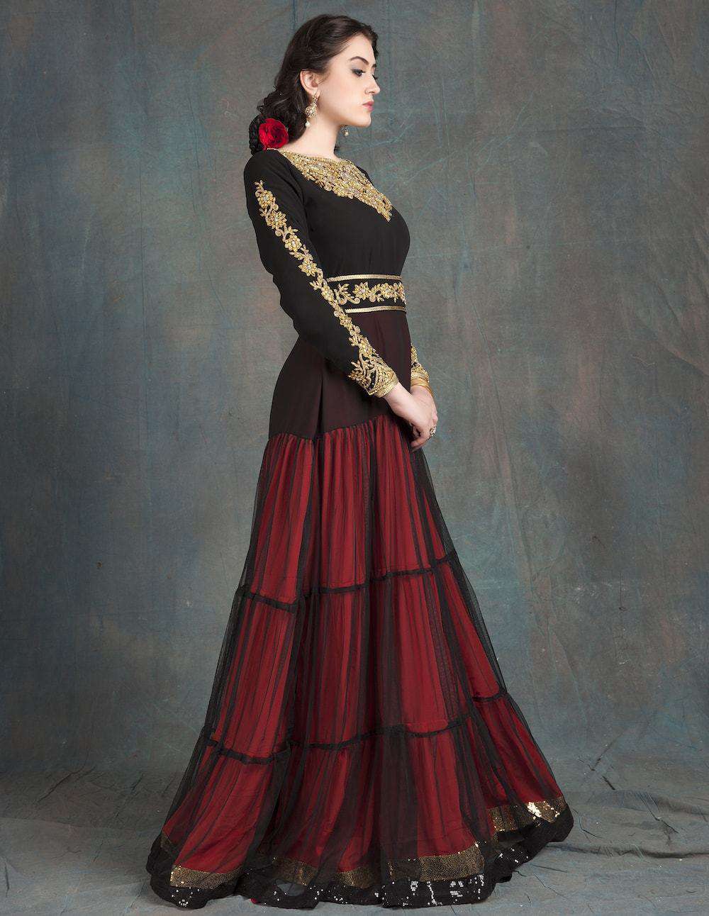 Elegant Black and Red Hand-Beaded Party Gown - Designer Islamic Abaya Dress MYPF1213 for Weddings, Eid Celebrations & Special Occasions