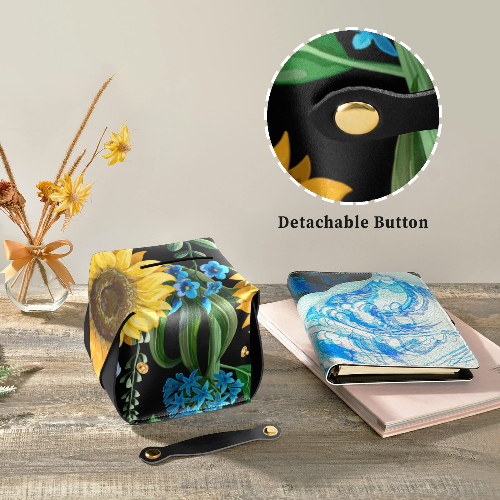 **Seamless Black Leather Tissue Box Cover with Yellow Sunflowers & Green Leaves - 5.7x5.7x5.7 in - Perfect for Bathroom, Home, Office Desk, Nightstand & Car**    *(Use Case: Stylish & functional tissue box cover for home decor, bathroom essentials, office organization, or car accessories.)*