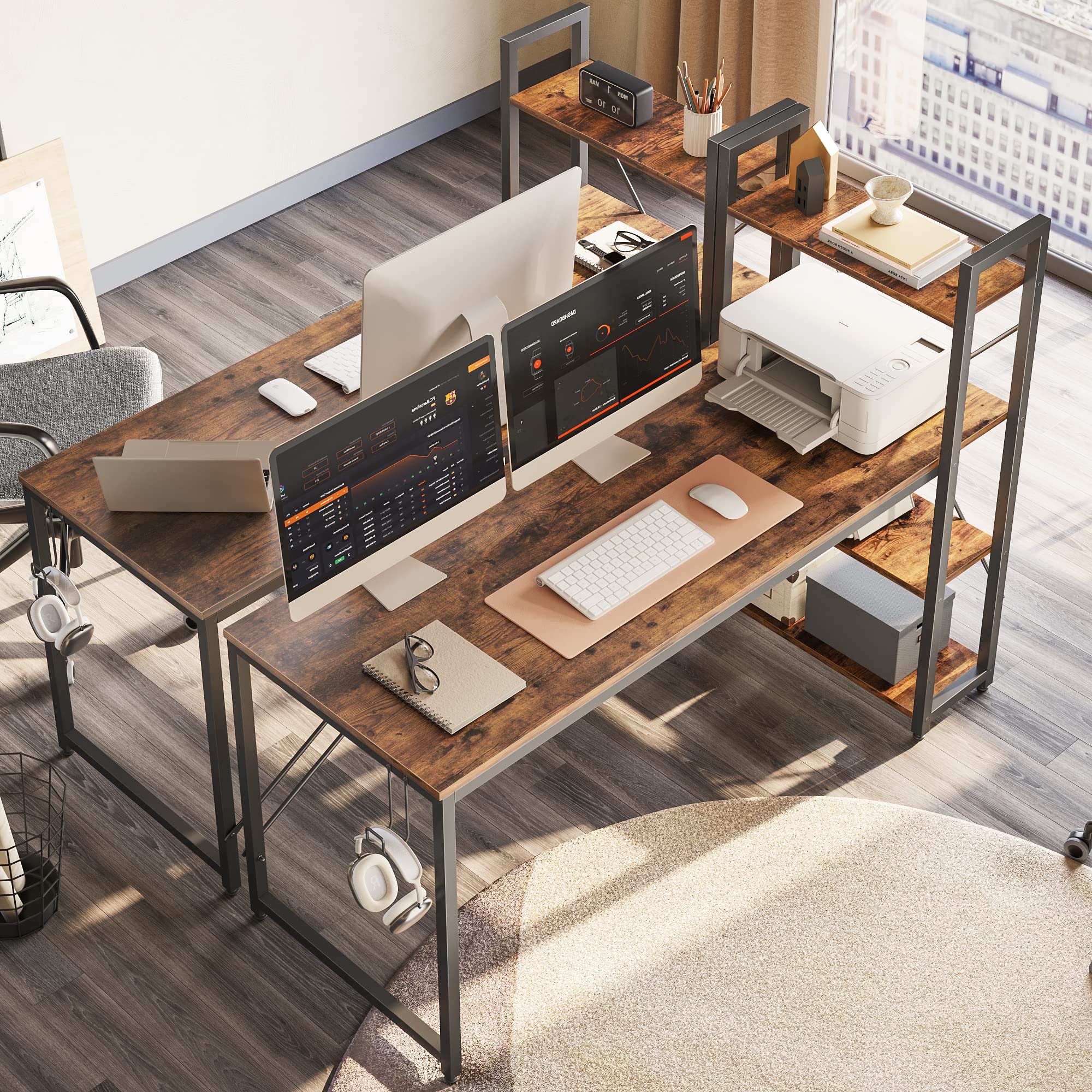 Bestier 63 Inch Computer Desk with Adjustable Shelves - Rustic Brown Writing Desk with Reversible Bookshelf & Sturdy Metal Legs for Home Office, Studio, Gaming & Remote Work Setup