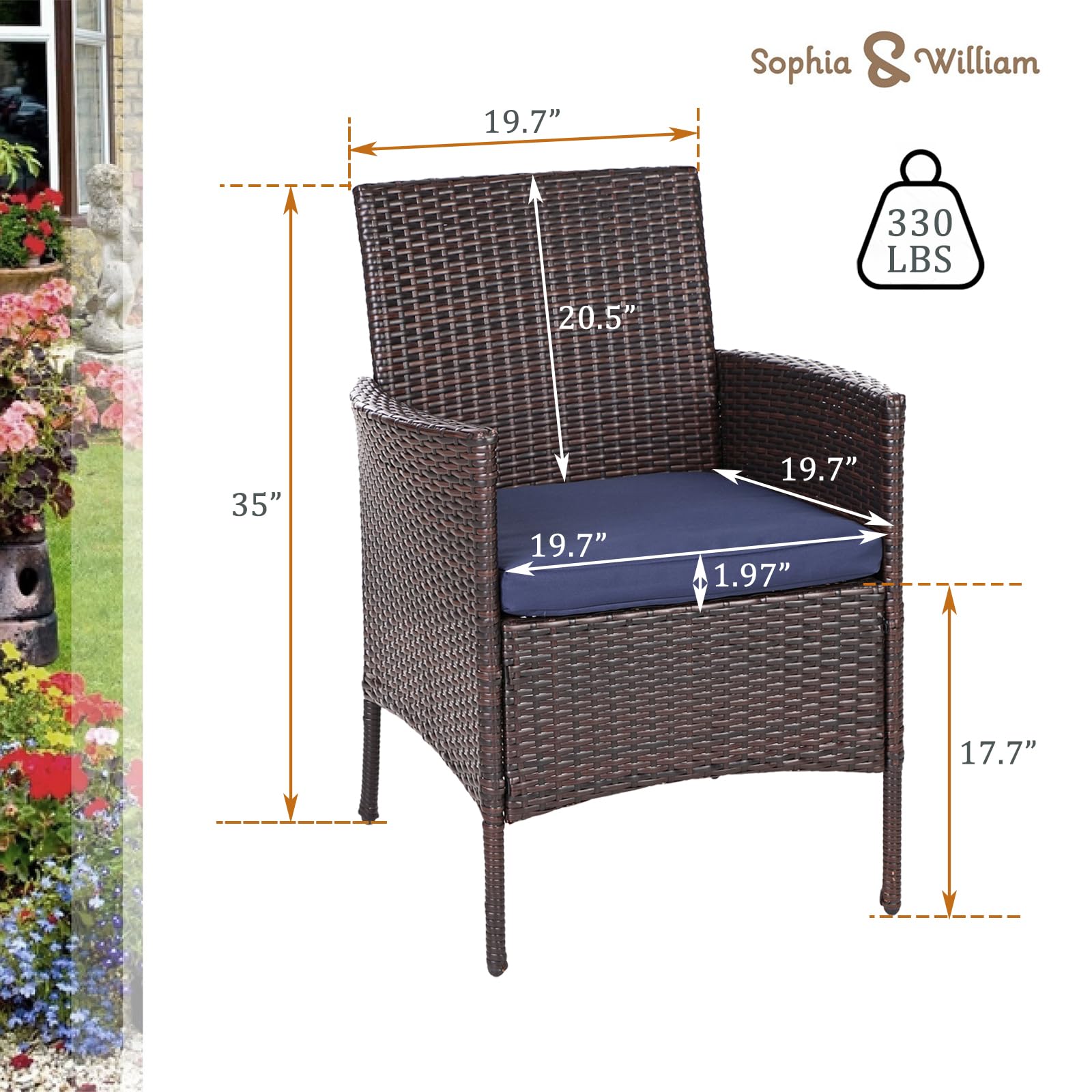 Sophia & William 5-Piece Outdoor Dining Set - Square Metal Patio Table & Rattan Chairs with Cushions & 1.57