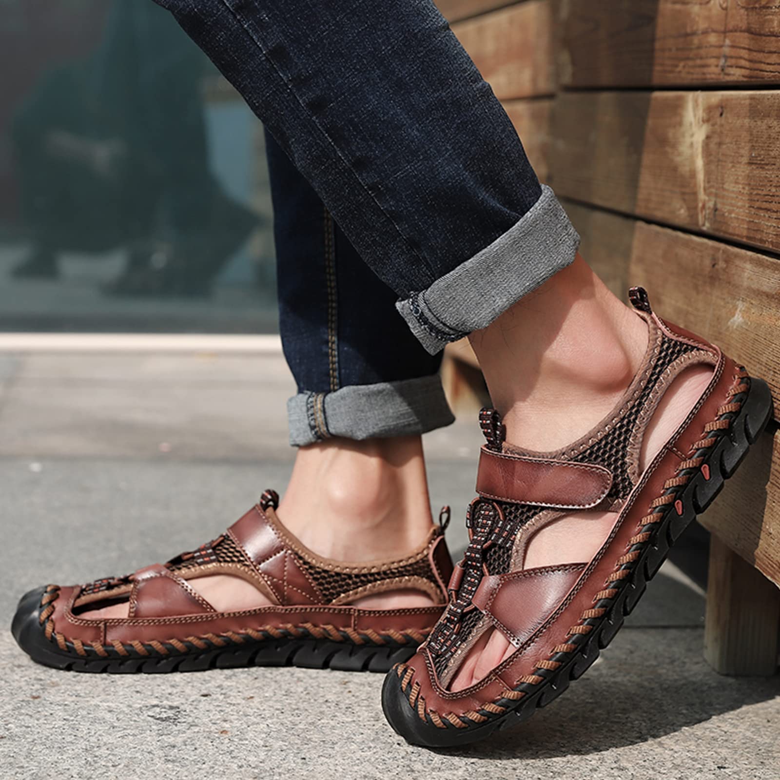 **Men's Leather Fisherman Sandals - Breathable Closed Toe Beach Shoes for Summer | Non-Slip Water Sandals for Hiking, Walking & Outdoor Activities | Handmade Anti-Collision Comfort Slides**    *(Use for beach trips, hiking, casual walks, water sports, and outdoor adventures.)*