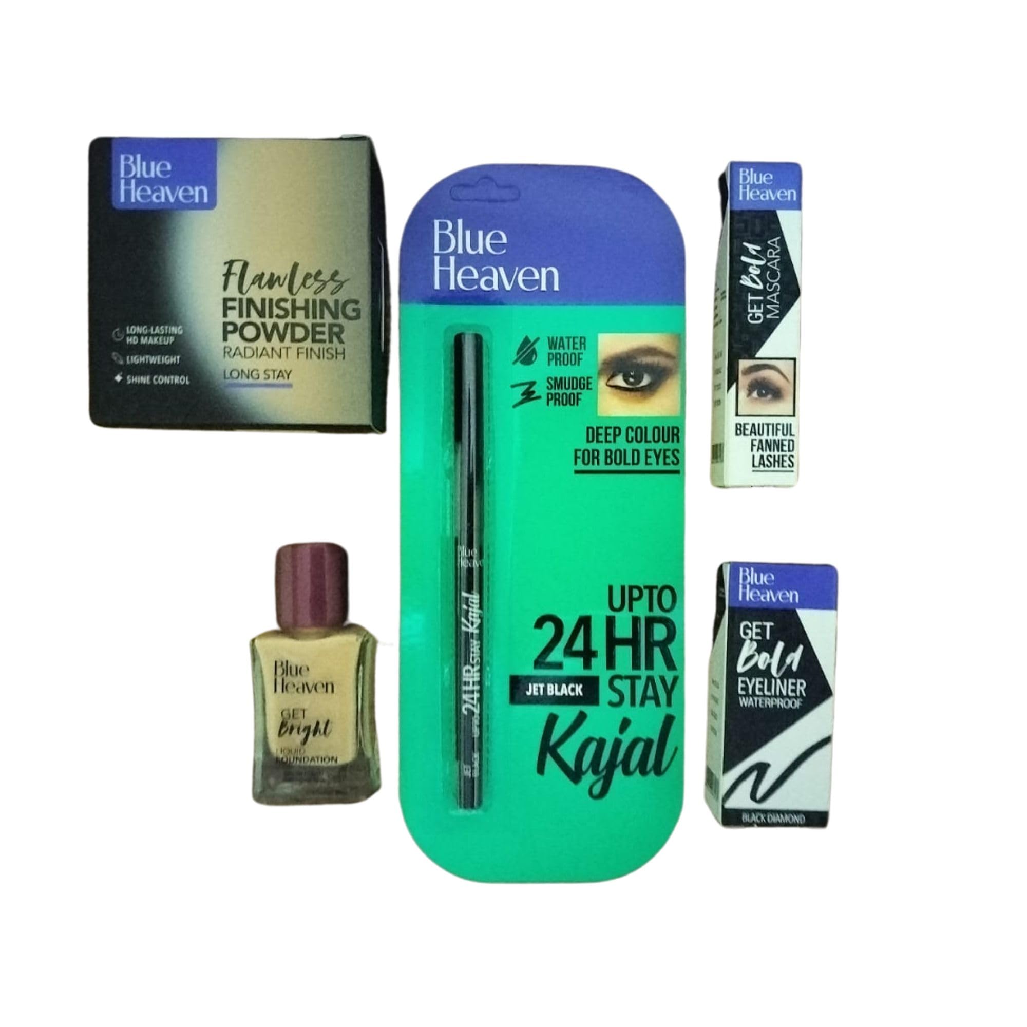 BLUE HEAVEN 5-Piece Makeup Set - Waterproof Eyeliner, Volumizing Mascara, 12ml Foundation, Compact Powder & Soft Kajal - Perfect for Everyday Makeup & Professional Looks