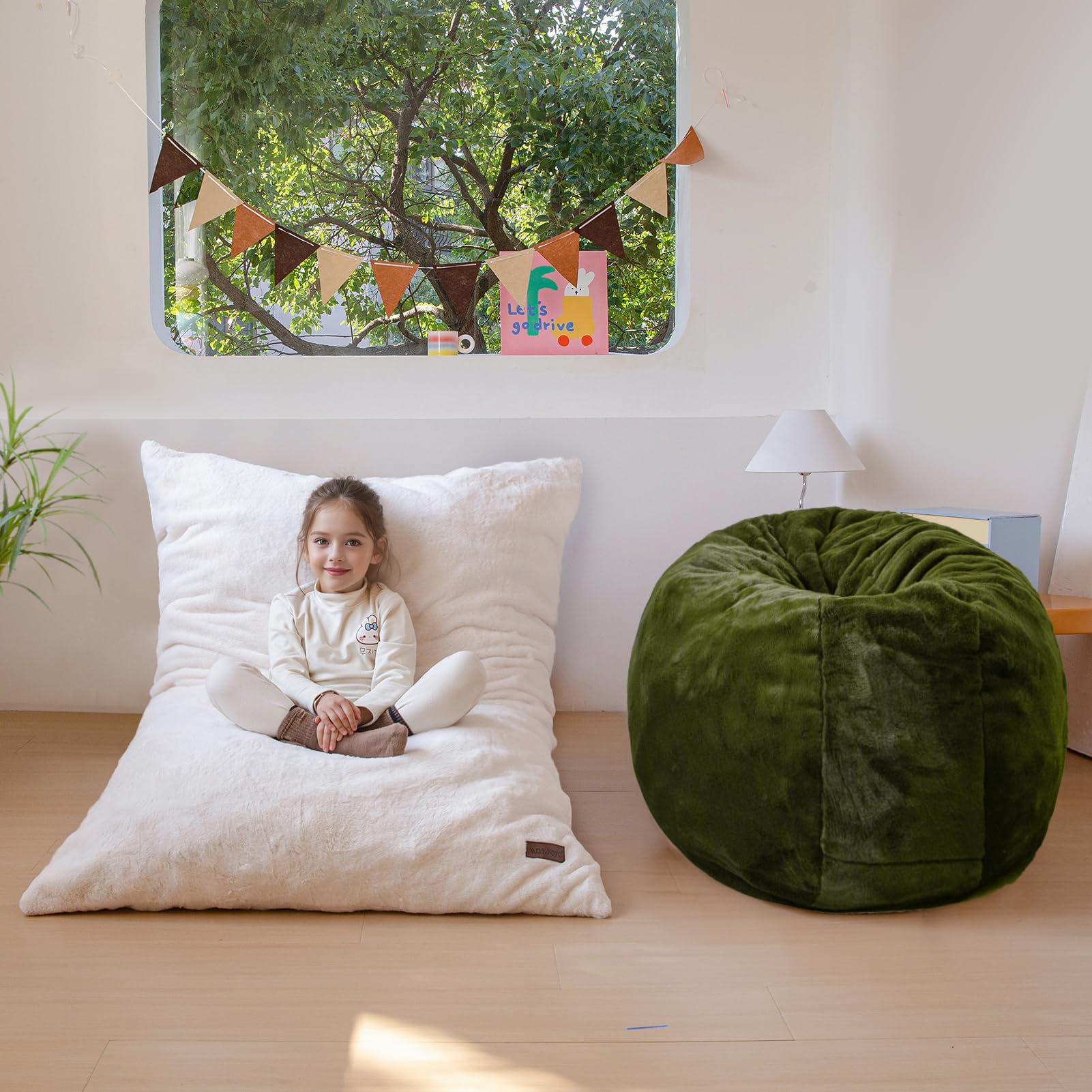MAXYOYO 3-in-1 Kids Bean Bag Chair Bed - Soft Faux Fur Floor Sofa for Children, Gaming, Reading & Nap Time - Cozy Beige Lounge Chair for Bedroom, Playroom & Dorm Room