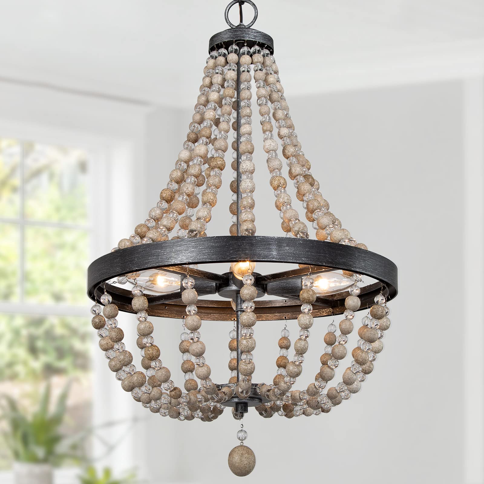 Handmade Wood Bead Chandelier - 4-Light Bohemian Farmhouse Lighting for Dining Room, 25.4