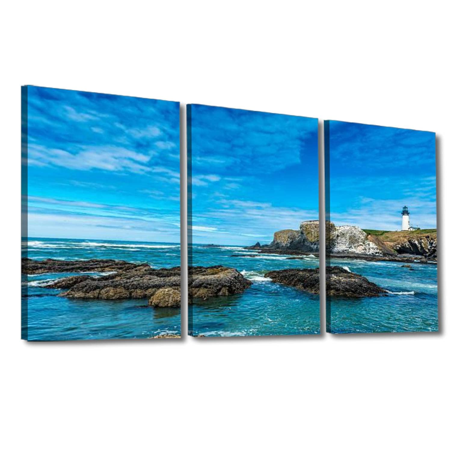 Stunning Beach at Yaquina Head Lighthouse Oregon Coast Canvas Print - Framed Wall Art Painting for Living Room, Bedroom & Office Decor | Ready to Hang Coastal Home Decor