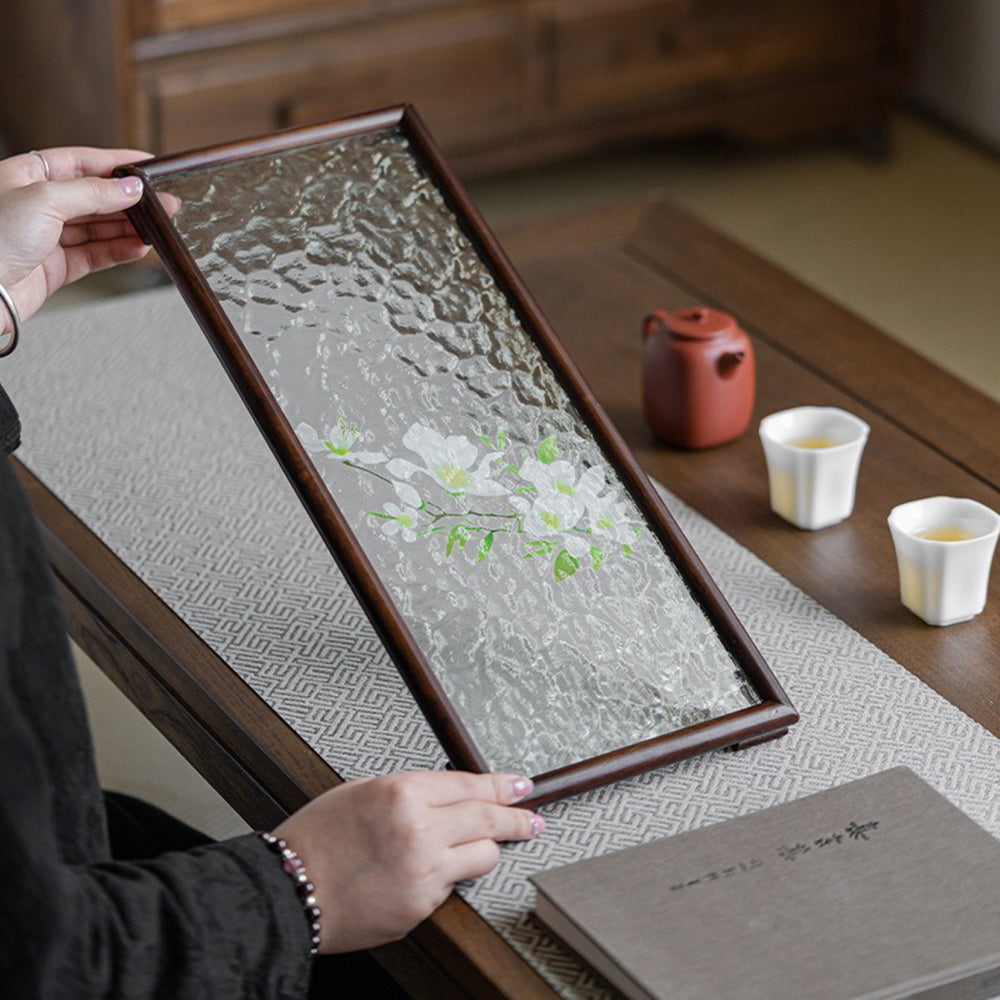 Premium Walnut Wood Glass Ripple Tea Tray - Handcrafted Tea Serving Tray for Tea Ceremony, Coffee, and Dessert Presentation - Perfect for Home, Office, and Gift Giving