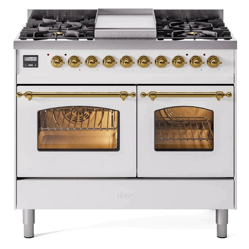 ILVE 40 Nostalgie II Series Freestanding Double Oven Dual Fuel Range - 6 Sealed Burners & Griddle - Professional Gas & Electric Range for Home Kitchen - Perfect for Baking, Roasting & Family Cooking (Model UPD40FNMP)