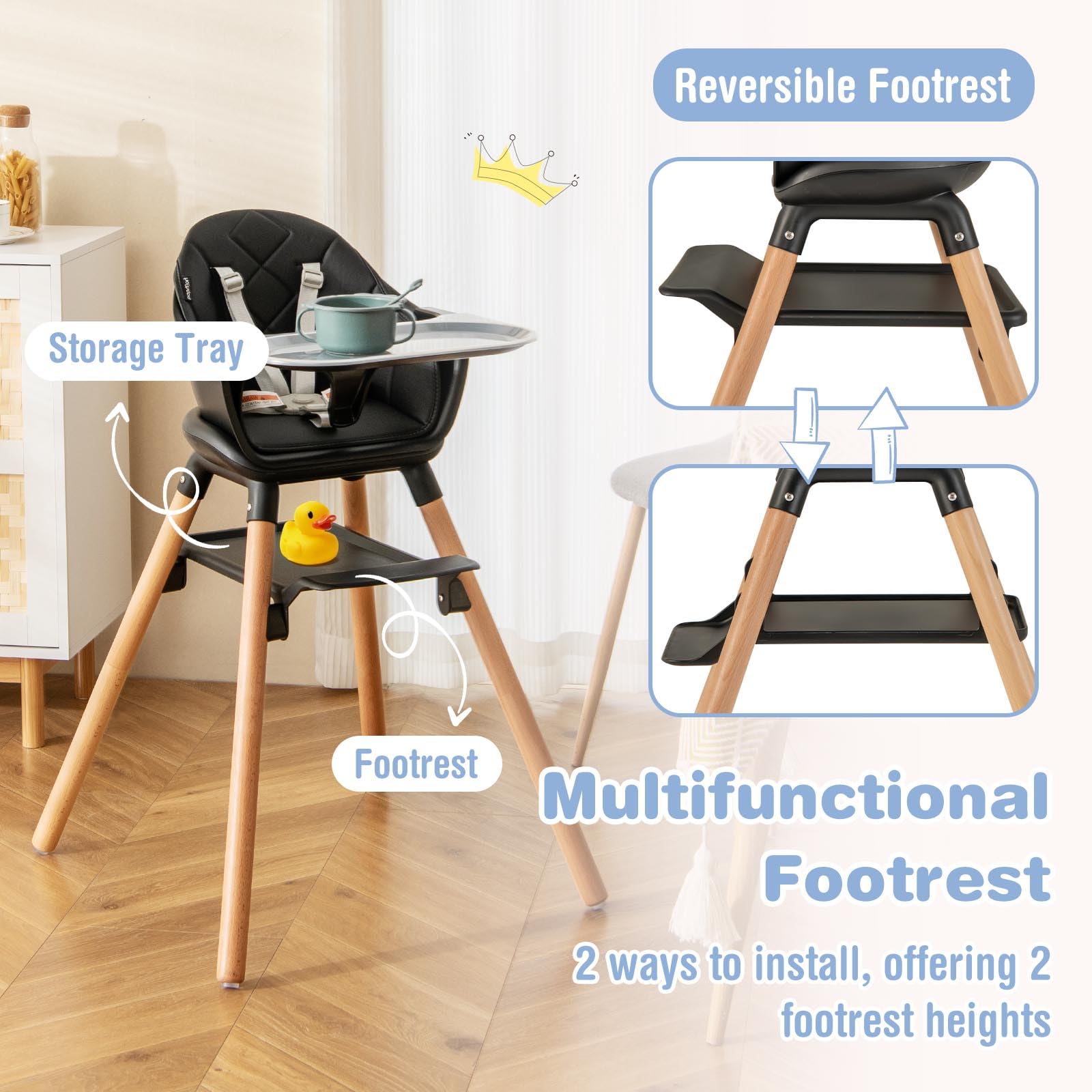 BABY JOY 6-in-1 Convertible Wooden High Chair for Babies & Toddlers - Adjustable Height, Removable Dual Trays, Safety Harness & Waterproof PU Cushion - Perfect for Dining, Feeding & Playtime (Black)