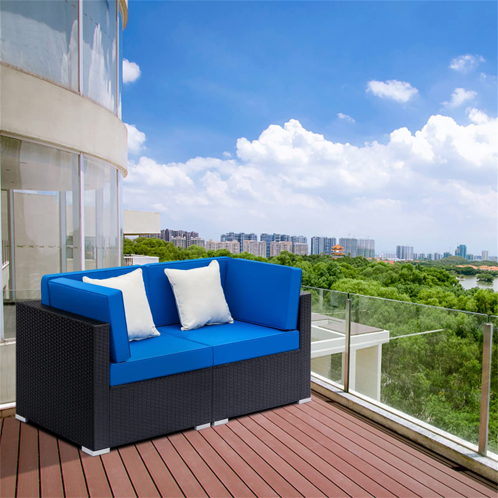 Outdoor Patio Furniture Set - 4-Piece Wicker Sectional Sofa with 2 Corner Chairs & 2 Beige Cushions - All-Weather Garden Conversation Set (Black+Blue) for Backyard, Poolside, and Deck Relaxation