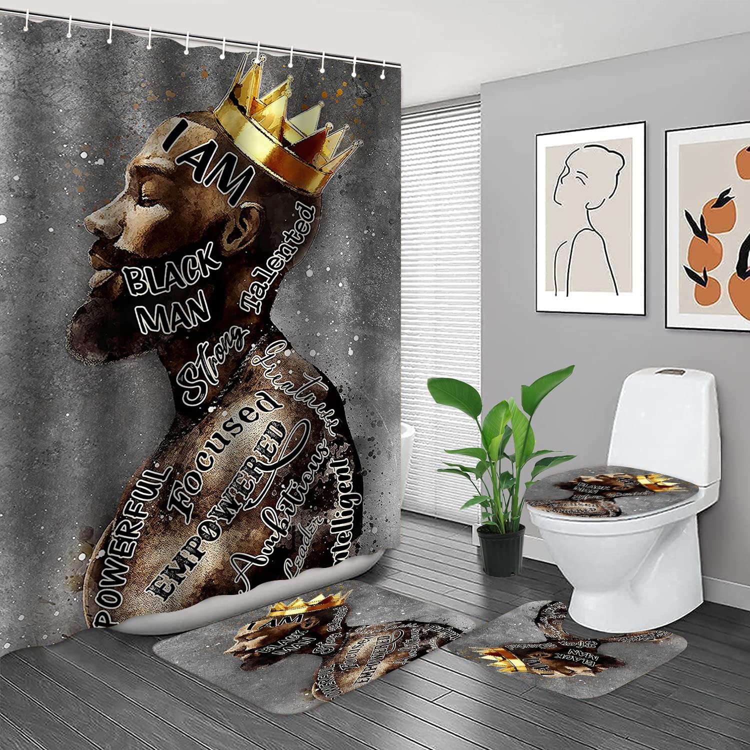 4PCS African American Shower Curtain Set with Bath Mat & Toilet Lid Cover - Afro King Bathroom Decor with Inspirational Words - Waterproof Shower Curtains with Hooks for Men - Perfect for Modern Black-Themed Bathrooms & Gifts