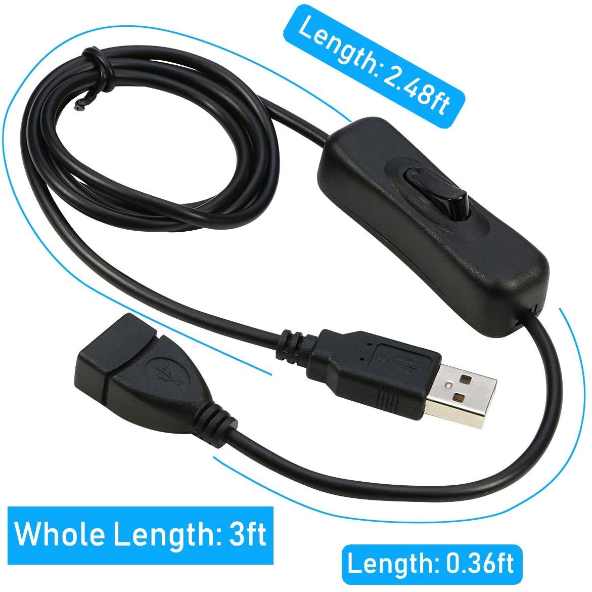 RIITOP 3ft USB Extension Cable with ON/OFF Switch (2-Pack) - Compatible with USB Headsets, Desk Lamps, Fans & LED Strips - Perfect for Home Office, Gaming Setup & Smart Devices