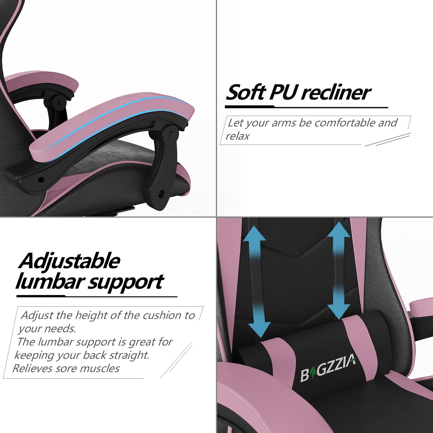 Bigzzia Ergonomic Gaming Chair for Adults - Adjustable Height, Reclining, 360° Swivel Racing Style Office Chair with Headrest & Lumbar Support - Black/Pink - Perfect for PC Gaming, Streaming & Home Office Work