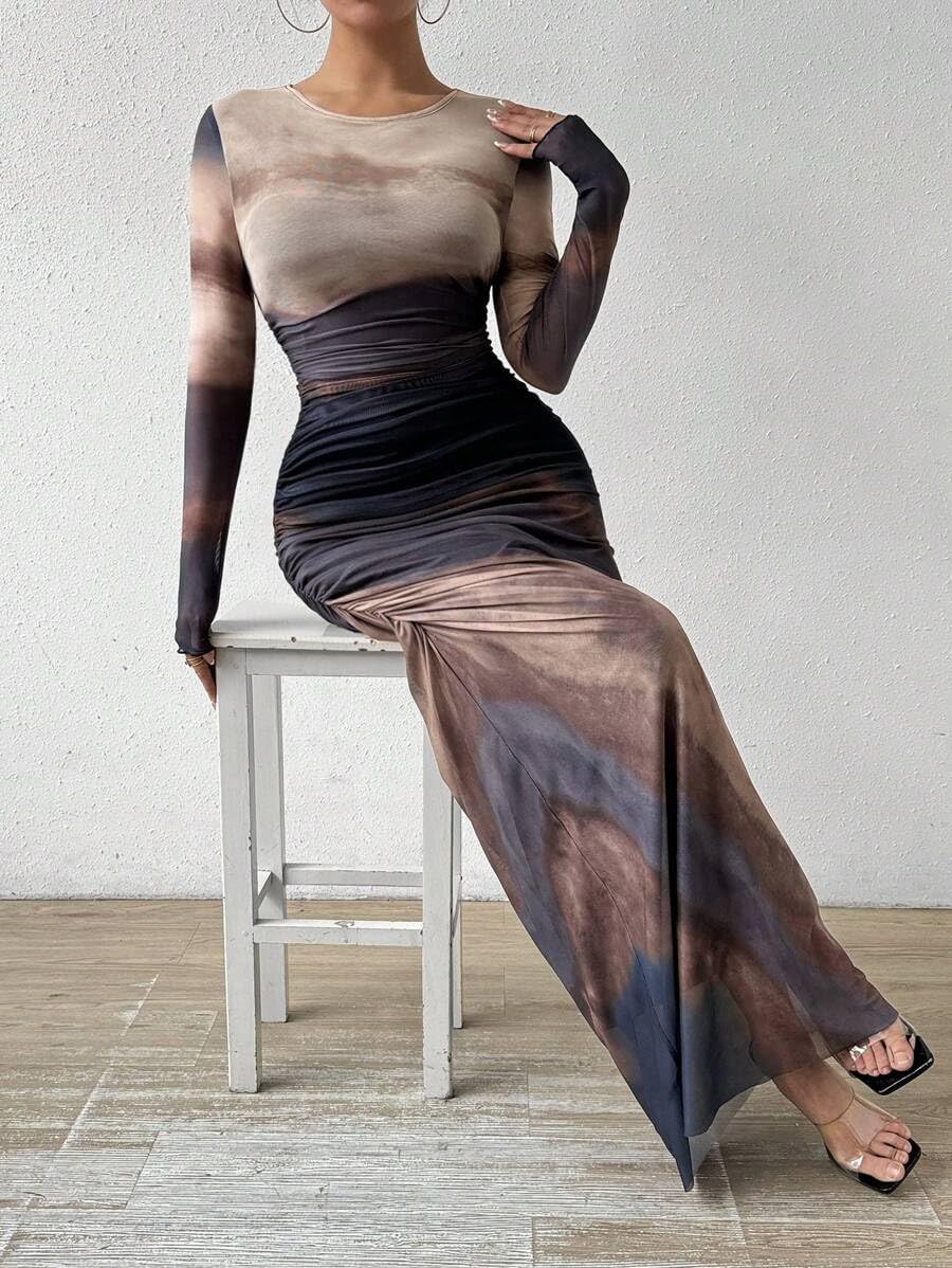 Women's Printed Bodycon Dress Long Sleeve Tie Dye Sexy Maxi Dress with Mesh Layering - Perfect for Parties, Date Nights & Club Wear