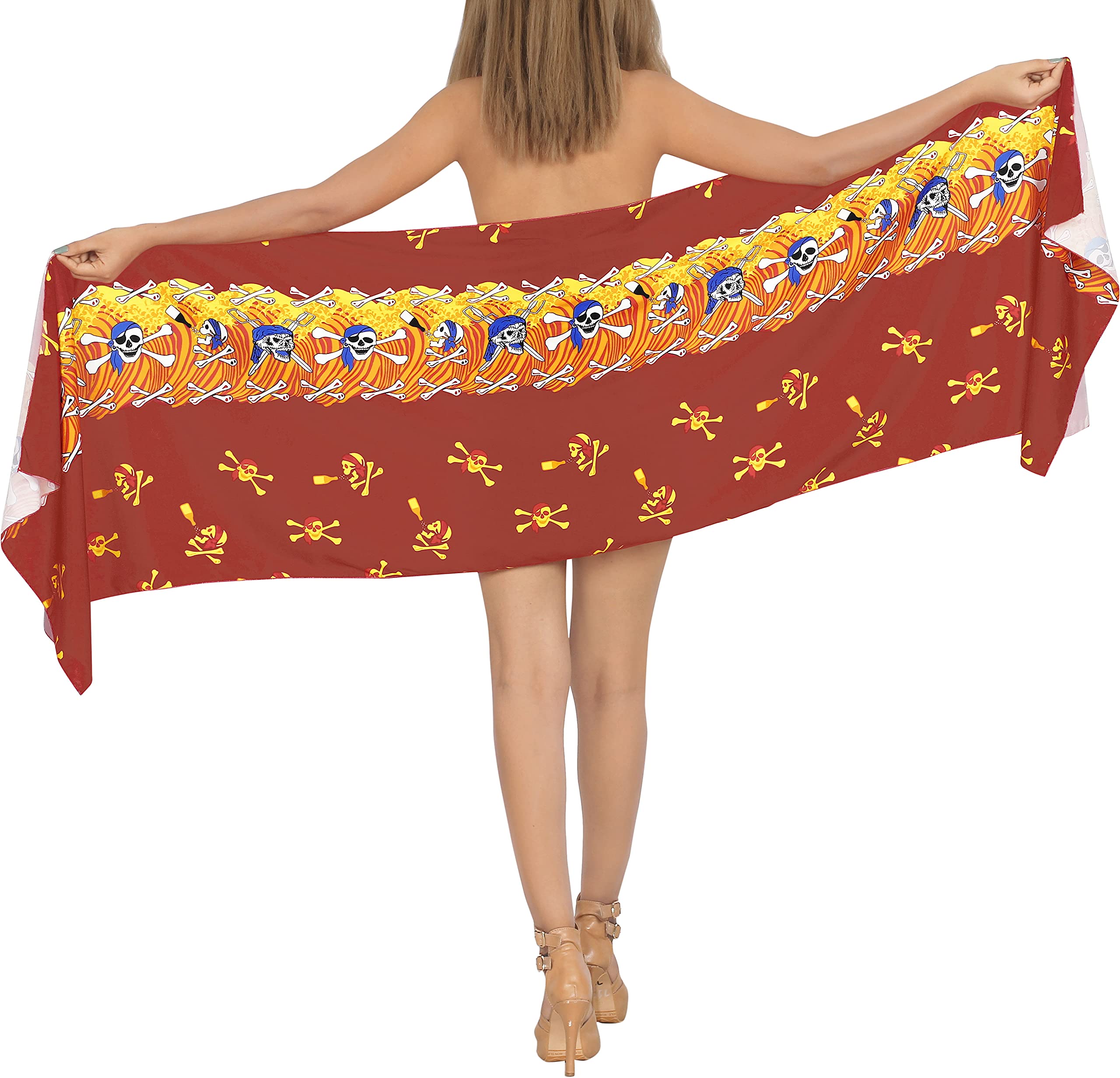 LA LEELA Women's Pirate Print Sarong Wrap - Stylish Beach Cover Up, Bikini Wrap Skirt for Summer Vacation, Pool Party & Tropical Getaway