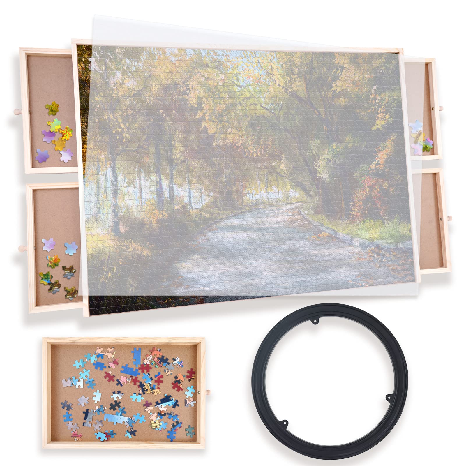 WOOD CITY 1000 Piece Wooden Jigsaw Puzzle Board with Storage Drawers - 30