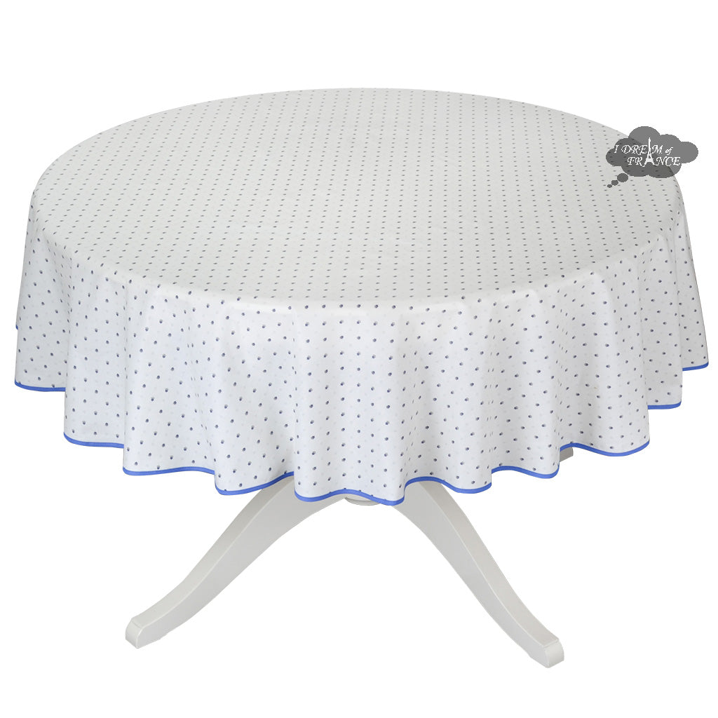 70 Round Calisson White & Blue Allover Acrylic Coated Cotton Tablecloth by Tissus Toselli - Waterproof & Stain-Resistant Dining Table Cover for Parties, Weddings & Everyday Use