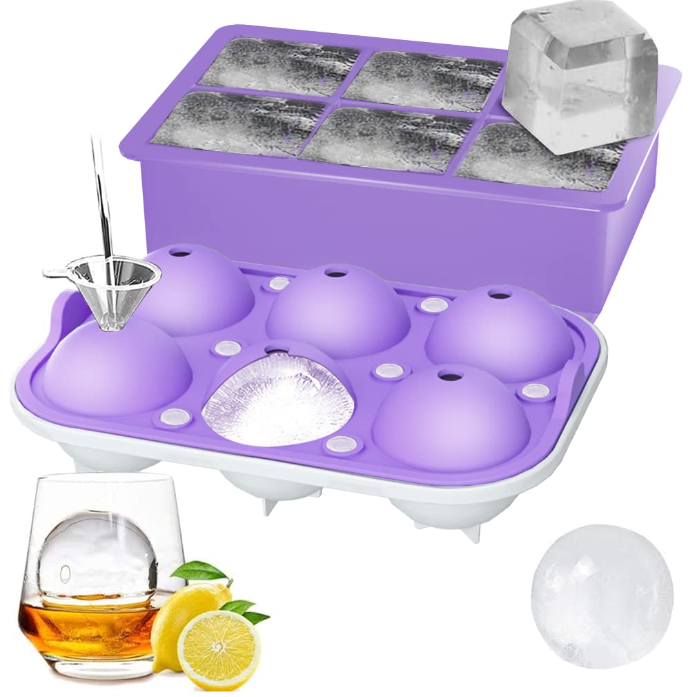 ROTTAY 2-Pack Silicone Ice Cube Trays - Sphere Ice Ball Maker & Large Square Ice Mold with Lids for Whiskey, Cocktails, Cold Drinks - Perfect for Home Bars, Parties, and Keeping Beverages Chilled (Purple)