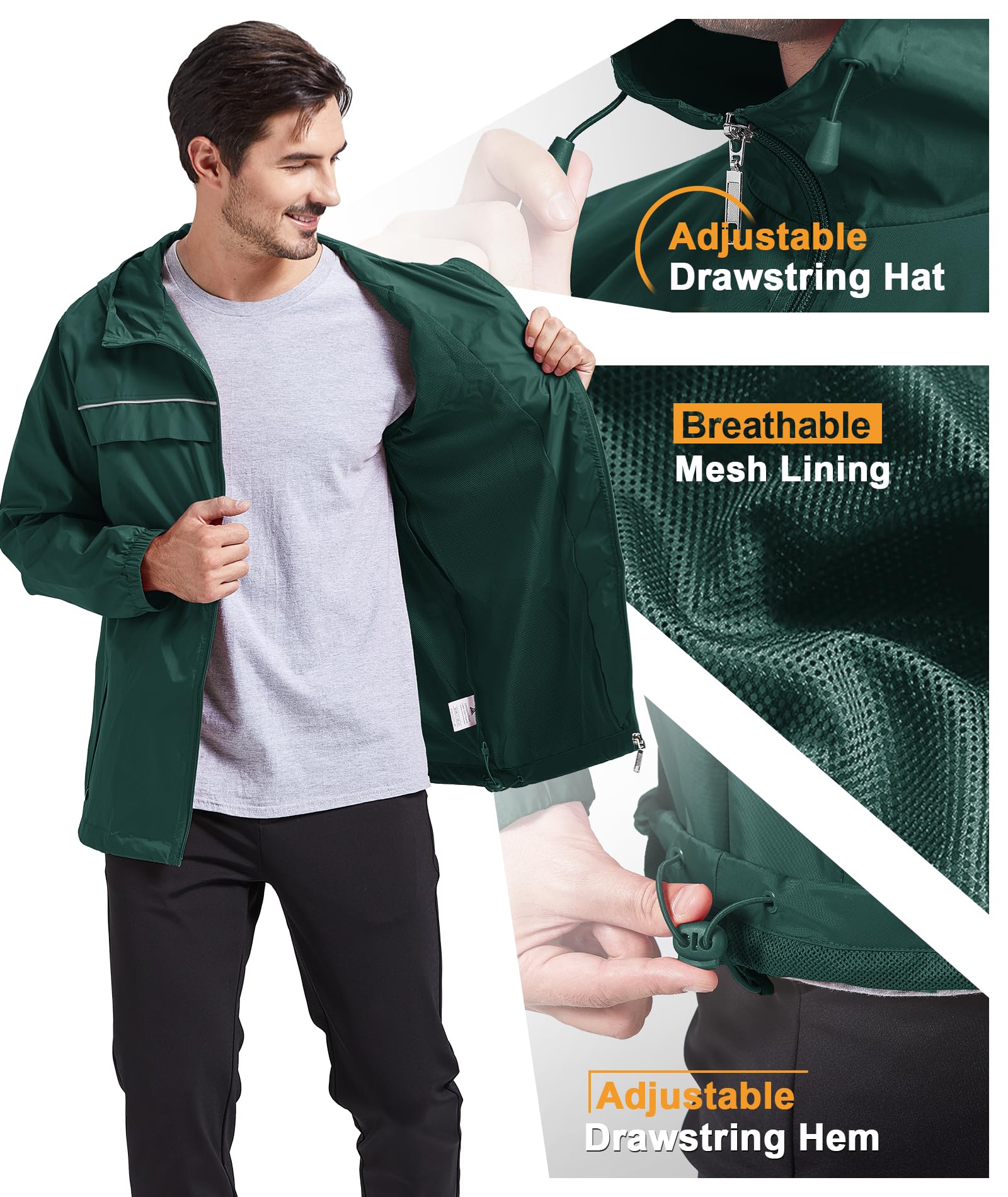 Men's Waterproof Hooded Rain Jacket - Lightweight for Hiking & Travel