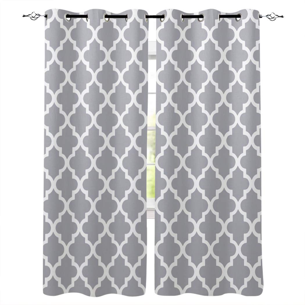 Thermal Insulated Blackout Curtains 52x63 Inch - Noise Reducing Grommet Drapes for Bedroom, Kids Room & Nursery - Moroccan Trellis Latticework Pattern in Gray & White - Perfect for Light Blocking, Privacy & Soundproofing (1 Pair)