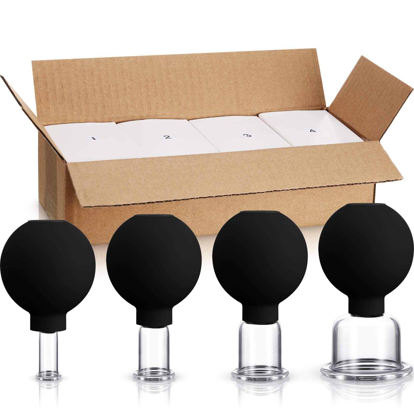 4-Piece Glass Cupping Set with Silicone Cups - Vacuum Massage Therapy for Body, Face, Leg, Arm, Back & Shoulder Pain Relief - Perfect for Muscle Relaxation, Joint Pain & Spa Treatments (Black)