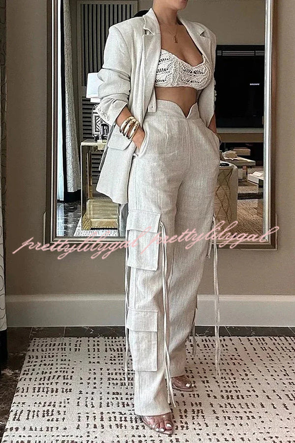 Stylish Women's Lapel Long Sleeve Loose Jacket & Casual Pocket Lace-Up Straight Leg Pants Set - Office Wear & Spring Outfit