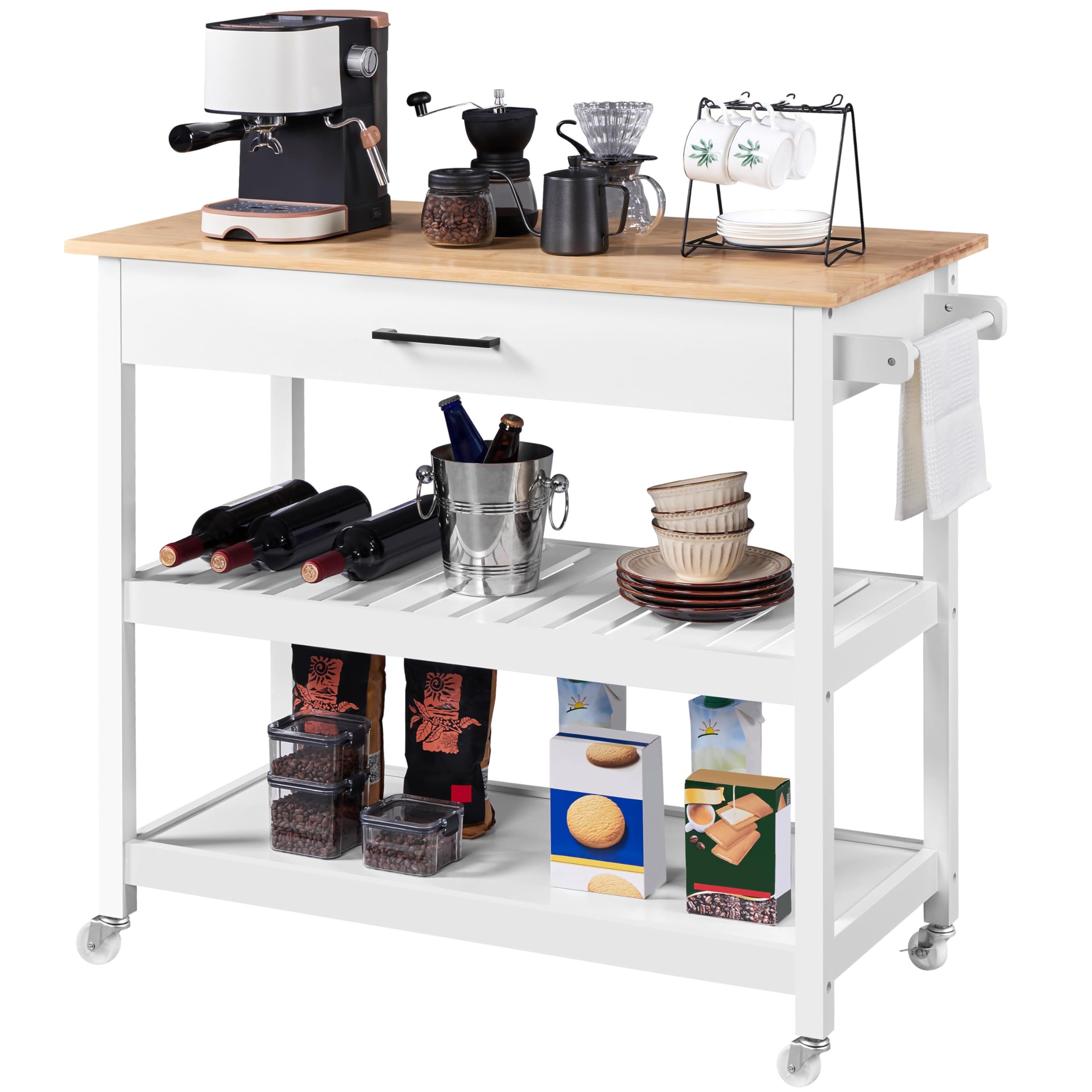 Topeakmart Mobile Kitchen Island Cart with Wheels - Rolling Microwave Stand with Storage Drawer, Towel Rack & 2 Shelves - Natural Wood Countertop White for Small Kitchen & Dining Room Organization