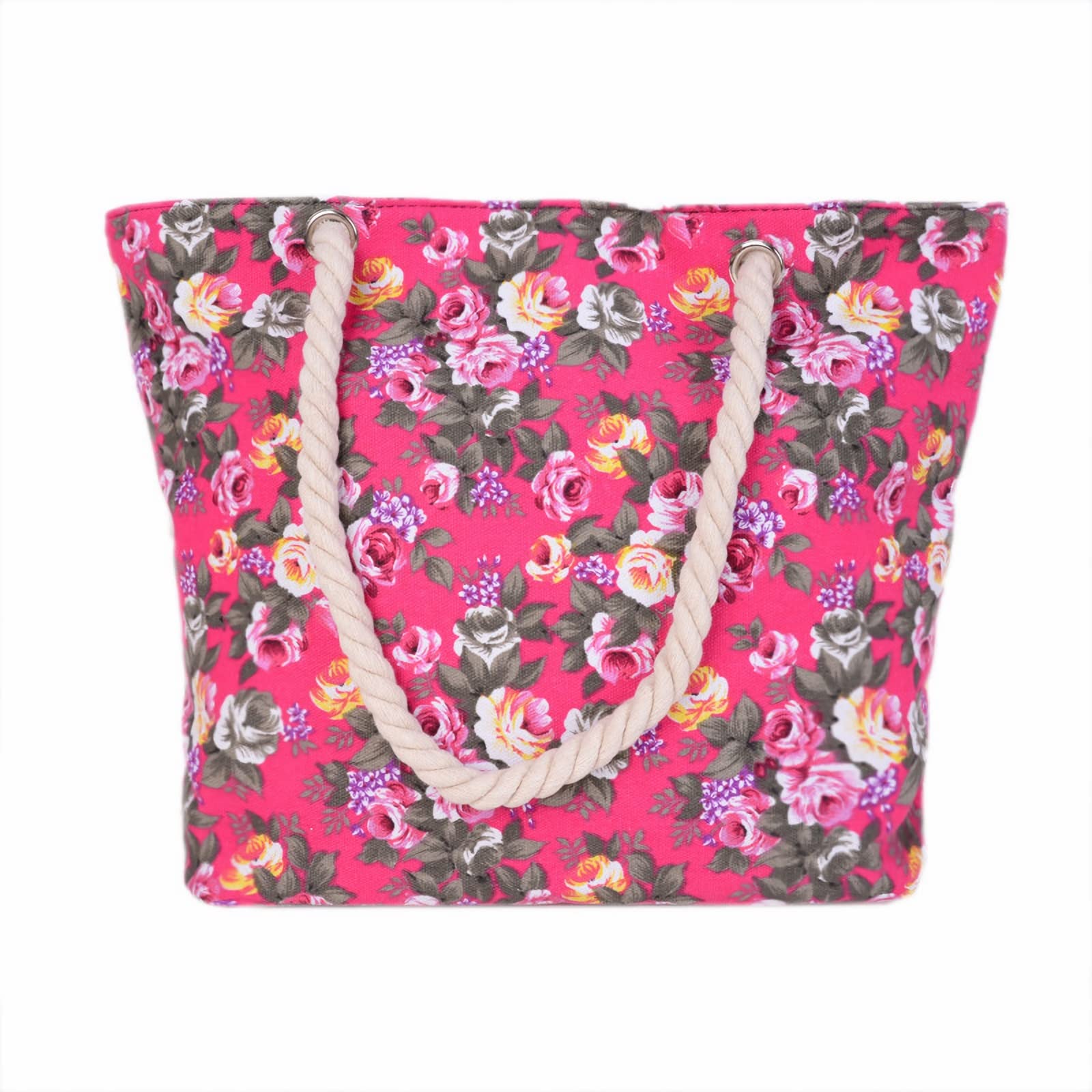 QRQ Casual Beach Tote Bag for Women - Large Canvas Shoulder Bag with Floral Print, Rose Red - Perfect for Travel, Shopping & Beach Day Essentials