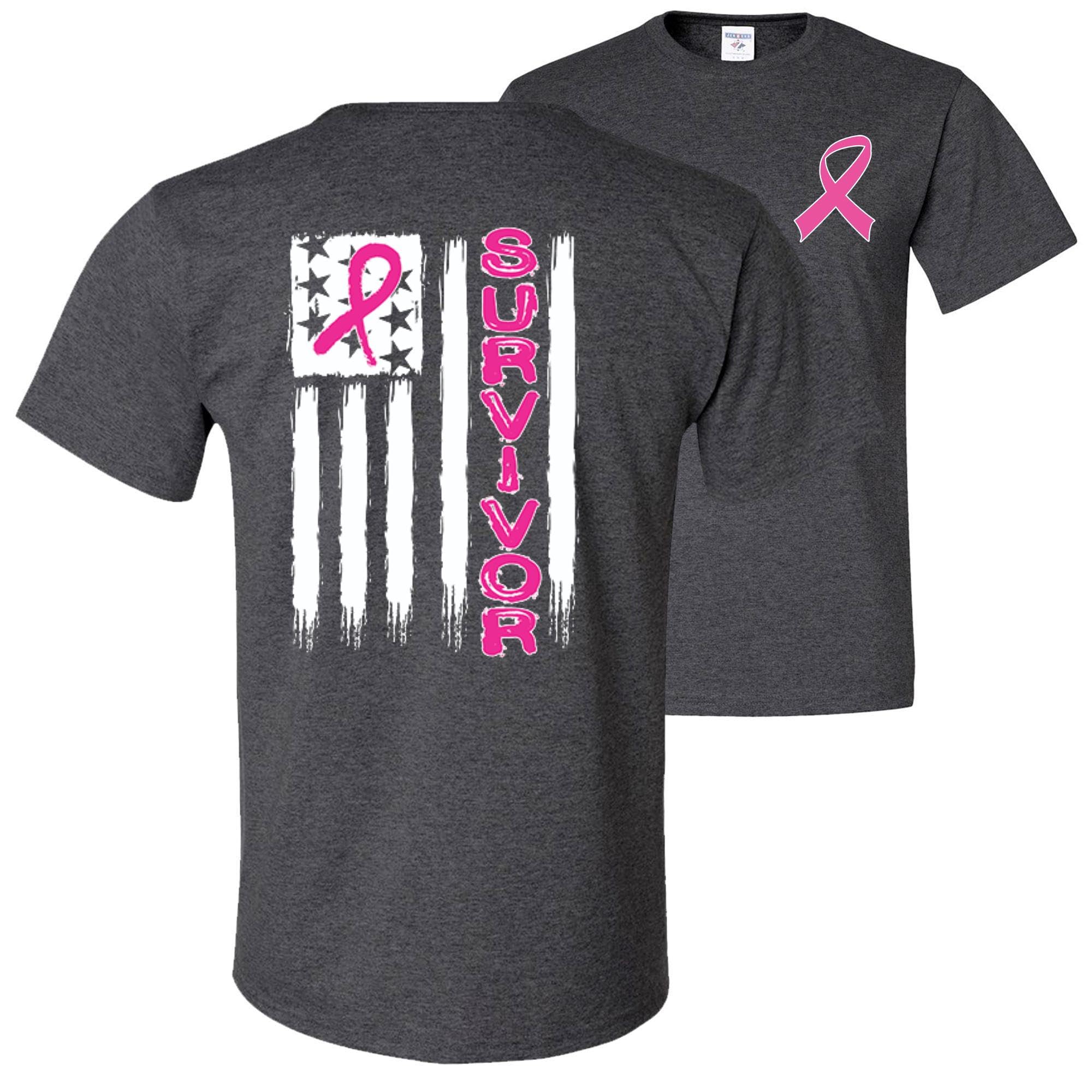 Wild Custom Apparel - Breast Cancer Awareness American Flag Front & Back Men's T-Shirt - Patriotic Support Tee for Cancer Awareness Events & Fundraisers