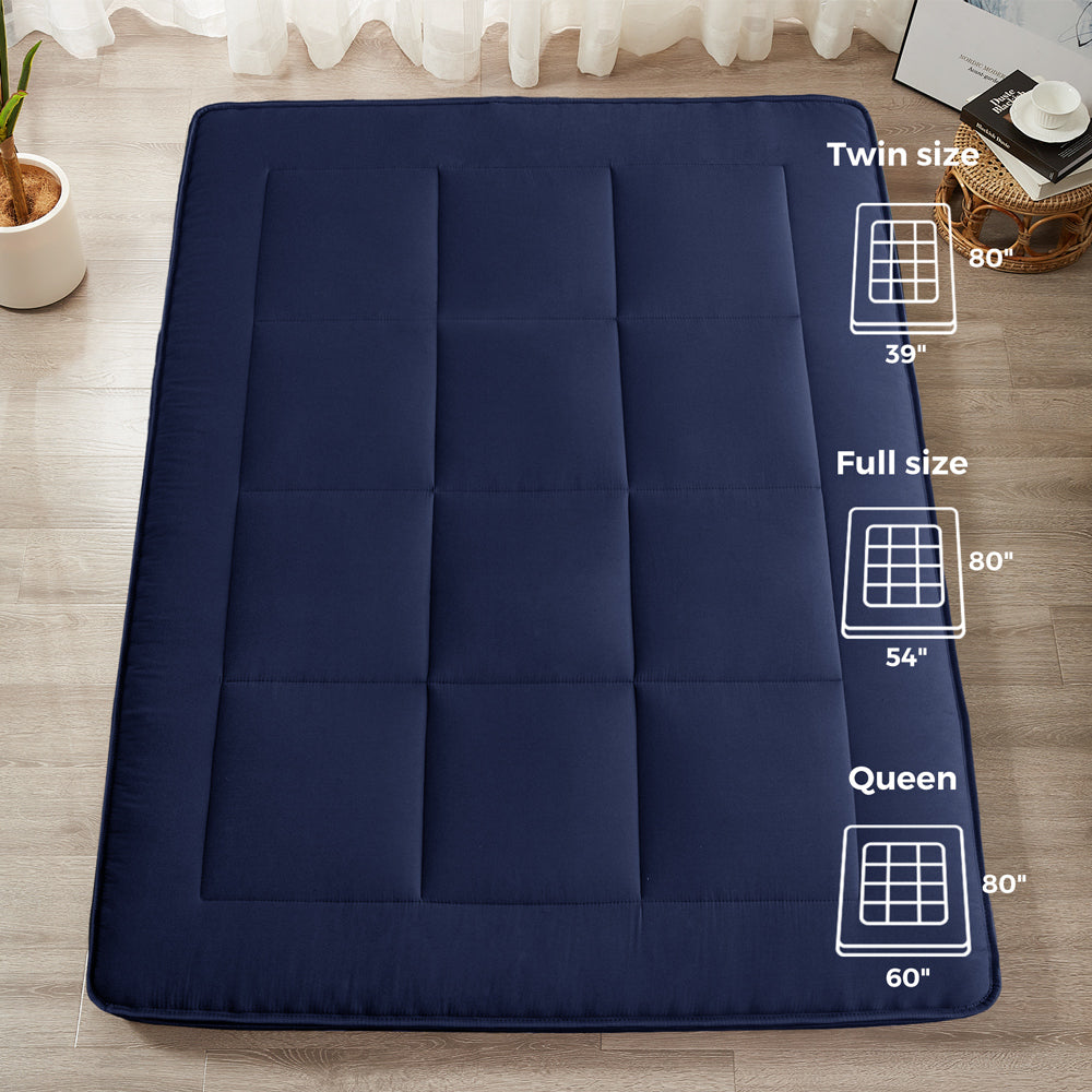MAXYOYO Japanese Floor Futon Mattress - Thick Padded & Portable Navy Blue Floor Bed for Guest Room, Dorm, Camping & Travel