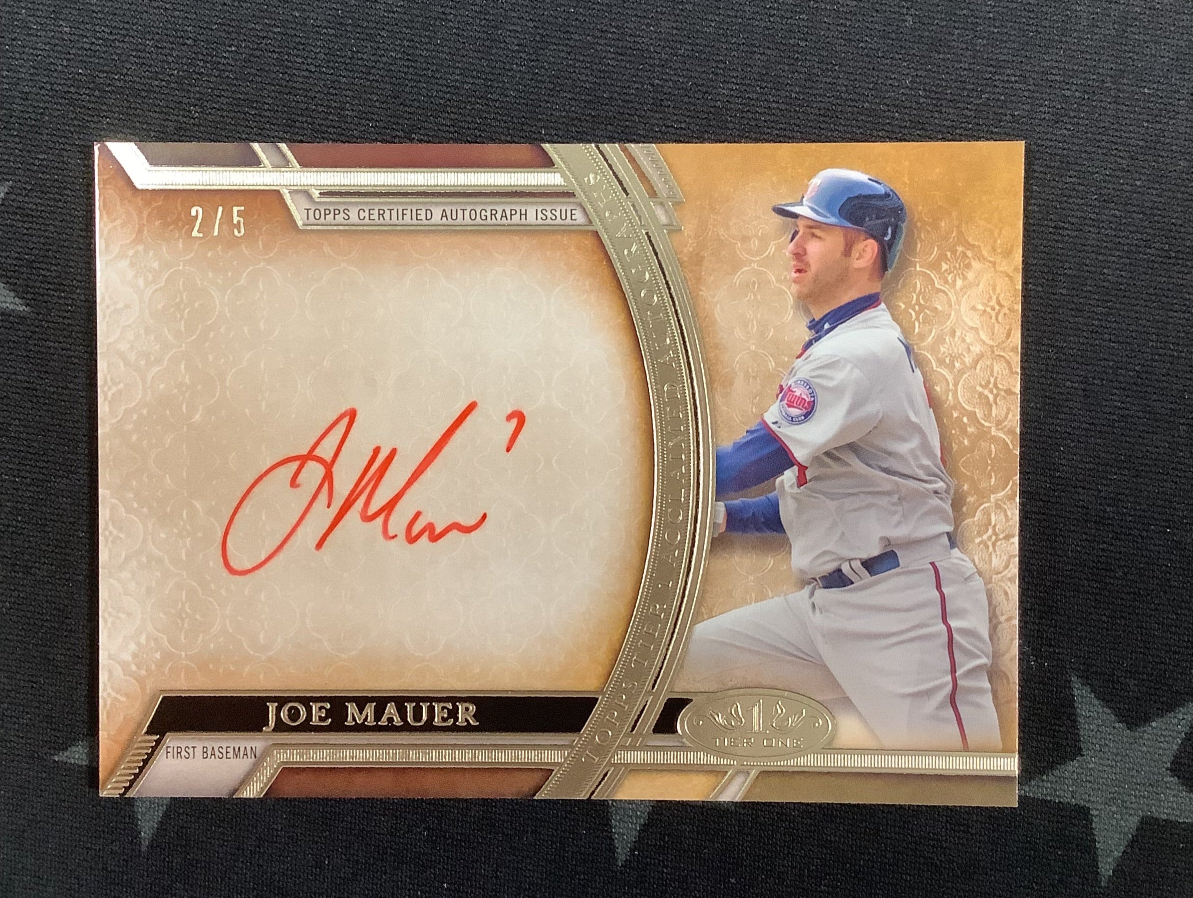 2015 Topps Tier One Joe Mauer Autograph Red #2/5 Twins Baseball Card - Rare Collectible for Sports Memorabilia Fans & Display in Home or Office