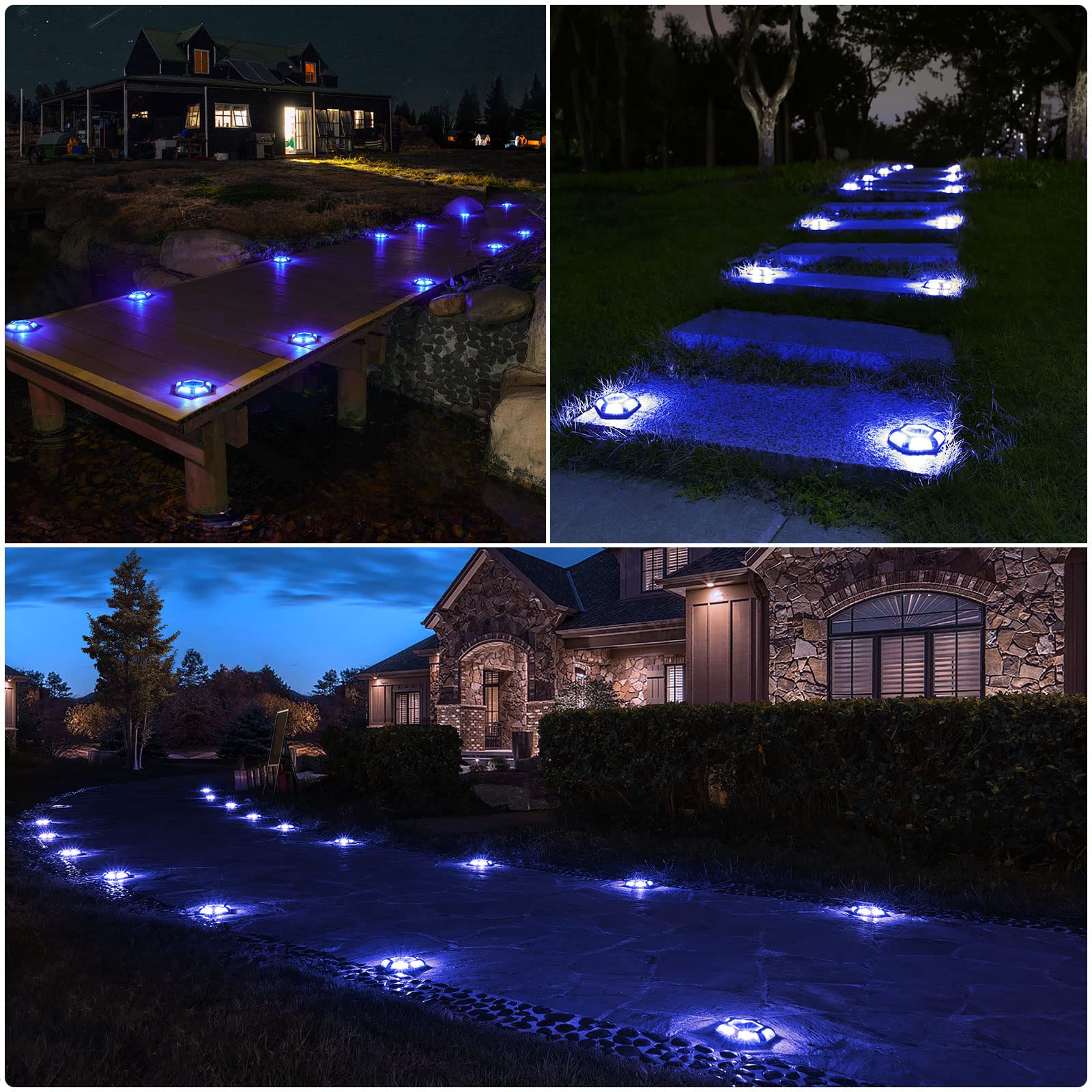 VOLISUN 12-Pack Solar Dock Lights - Waterproof Outdoor LED Aluminum Step Lights for Driveway, Deck, Sidewalk, Garden, Pathway & Yard (Blue+White 2-in-1 Colors) - Perfect for Nighttime Safety & Landscape Lighting