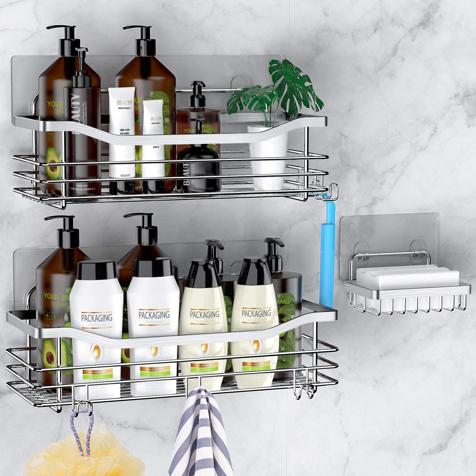 Orimade Stainless Steel Shower Caddy with 5 Hooks - Rustproof SUS304 Bathroom Organizer, Soap Dish Holder & Wall Mounted Shelf - No Drilling Adhesive - Perfect for Shower, Kitchen & Bathroom Storage (3 Pack)