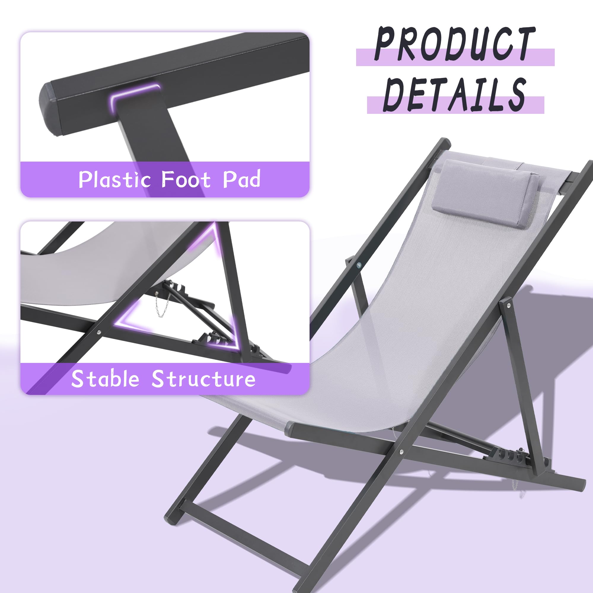 Set of 2 Outdoor Patio Sling Chairs with Matching Ottomans - Lightweight Foldable Aluminum Frame - Perfect for Deck, Poolside or Beach Relaxation - Grey - Great for Backyard Lounging, Vacation Homes & Summer Outdoor Gatherings